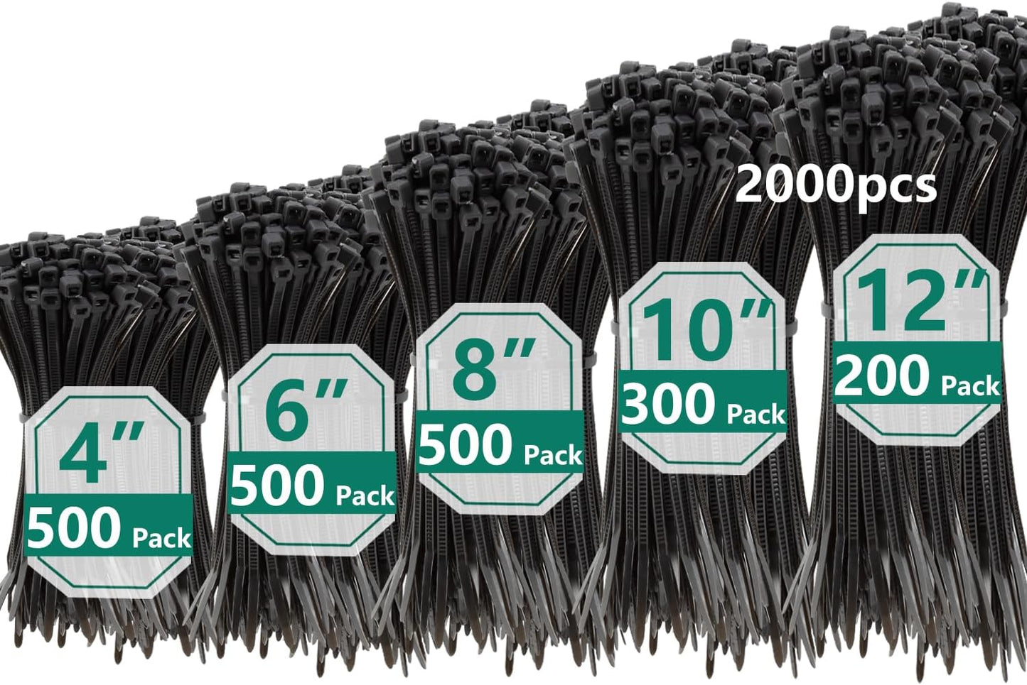 MasiStranth 2000 4+6+8+10+12 Inch PCS Zip Ties Assorted Sizes Self-locking Nylon Cable ties Outdoor, UV Resistant Wire
