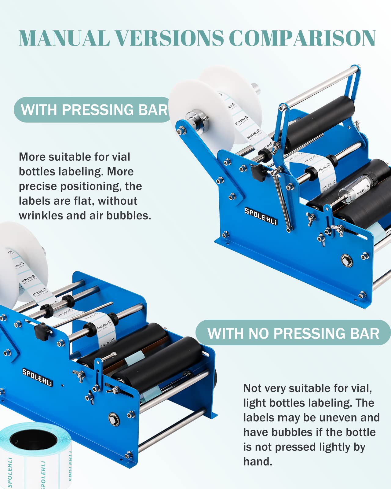 Spolehli Bottle Labeling Machine with Swing Arm, Manual Round Bottle Labeler Label Applicator Adjustable Self-Adhesive Labeling Machine for φ0.6-4.7” Cylinder (with Pressing bar)