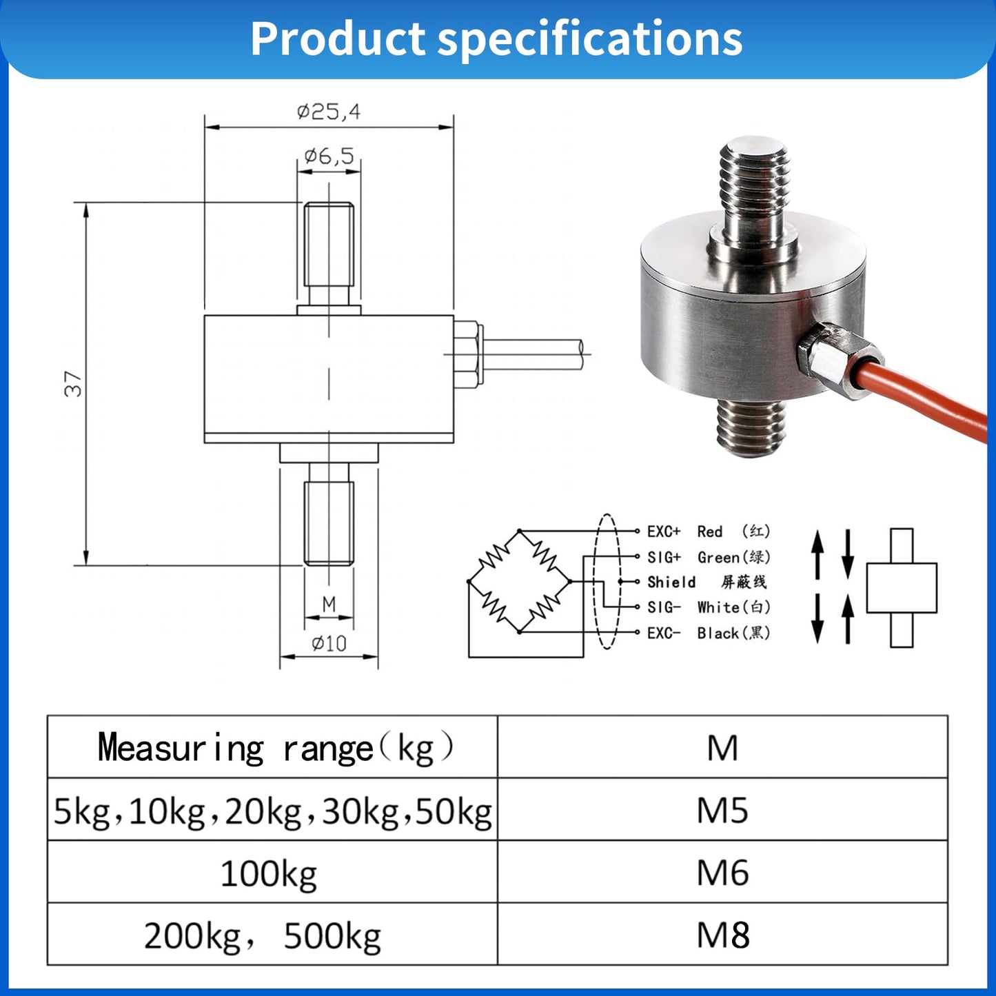 Load Cell Force Sensor, 0.1% High Precision Stainless Steel Tension Compression Sensor for Industrial Weighing & Force Measurement with 3m Cable (0-50kg)