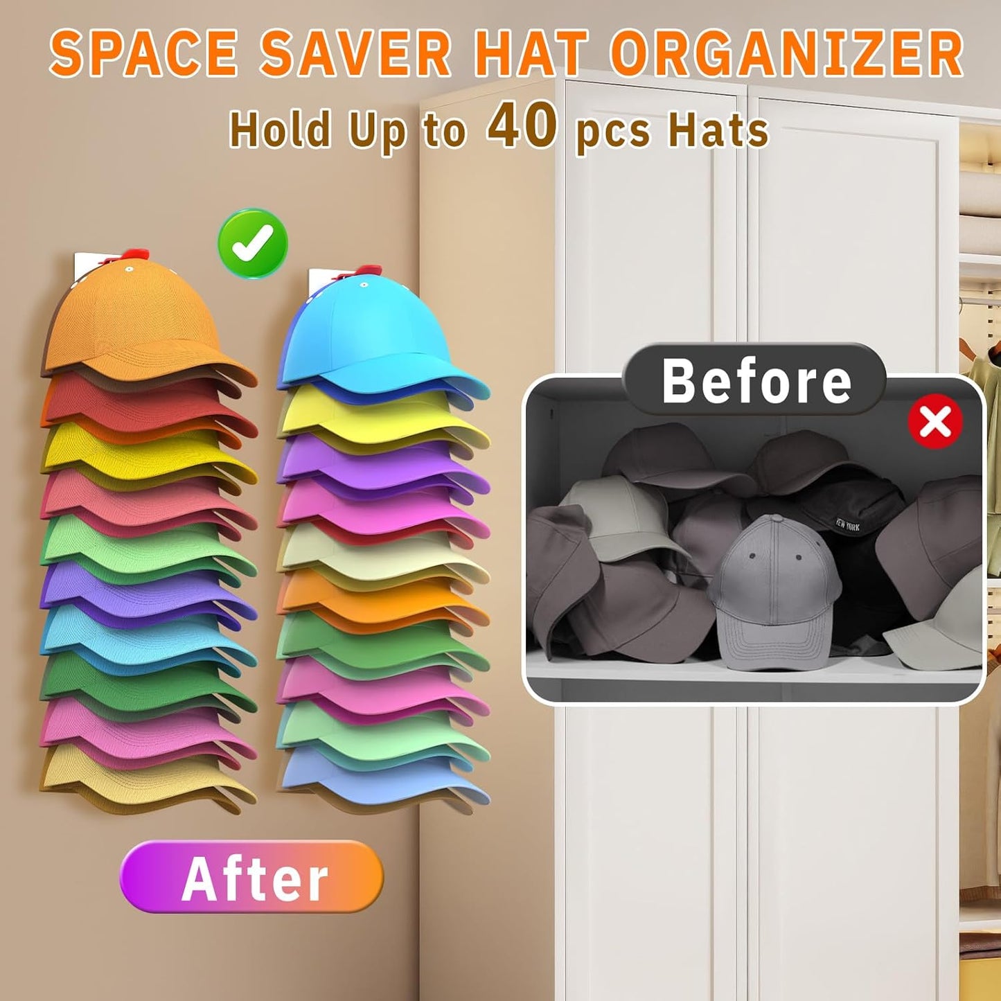 Volnamal Hat Organizer - 2 Pack Baseball Cap Rack Holds Up to 40 Hats | Space-Saving Wall Storage (White & Color)