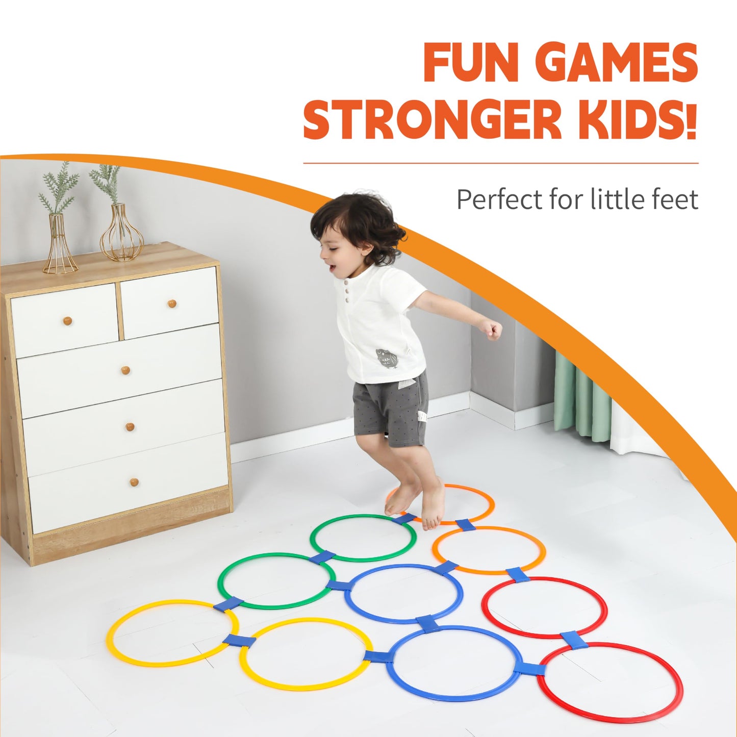 Oranmew Hopscotch Rings, 1-Set – 10 Round Hoops (11-inch) + 15 Connectors, Agility Rings for Kids, Builds Gross Motor Skills, Preschool & Kindergarten PE, Indoor/Outdoor Playground Obstacle Course