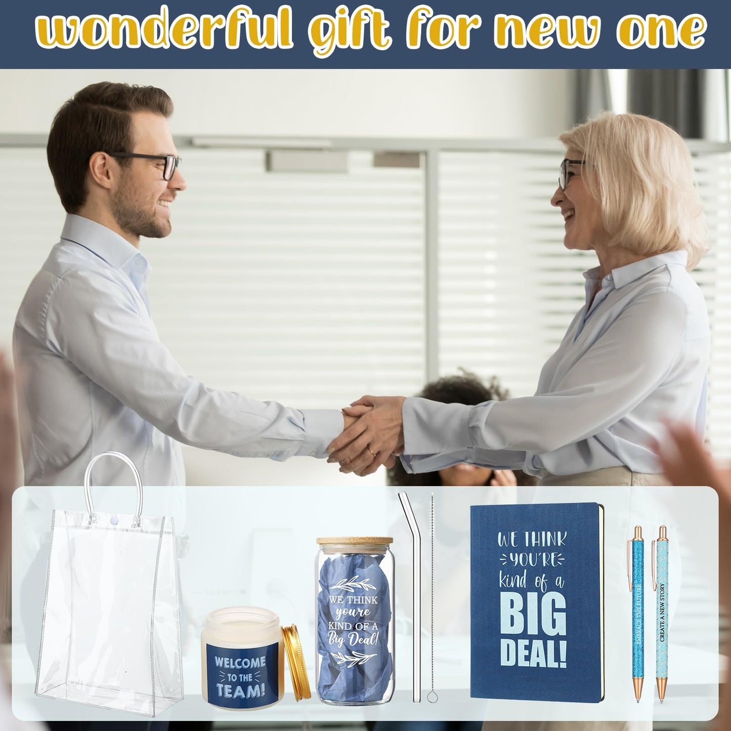 Thenshop 6 Pcs Welcome to the Team Gifts Bulk for New Employee Inspirational Glass Tumbler Notebook Pens Scented Candle with PVC Bag Employee Appreciation Gift Sets for New Coworker Office(Blue)