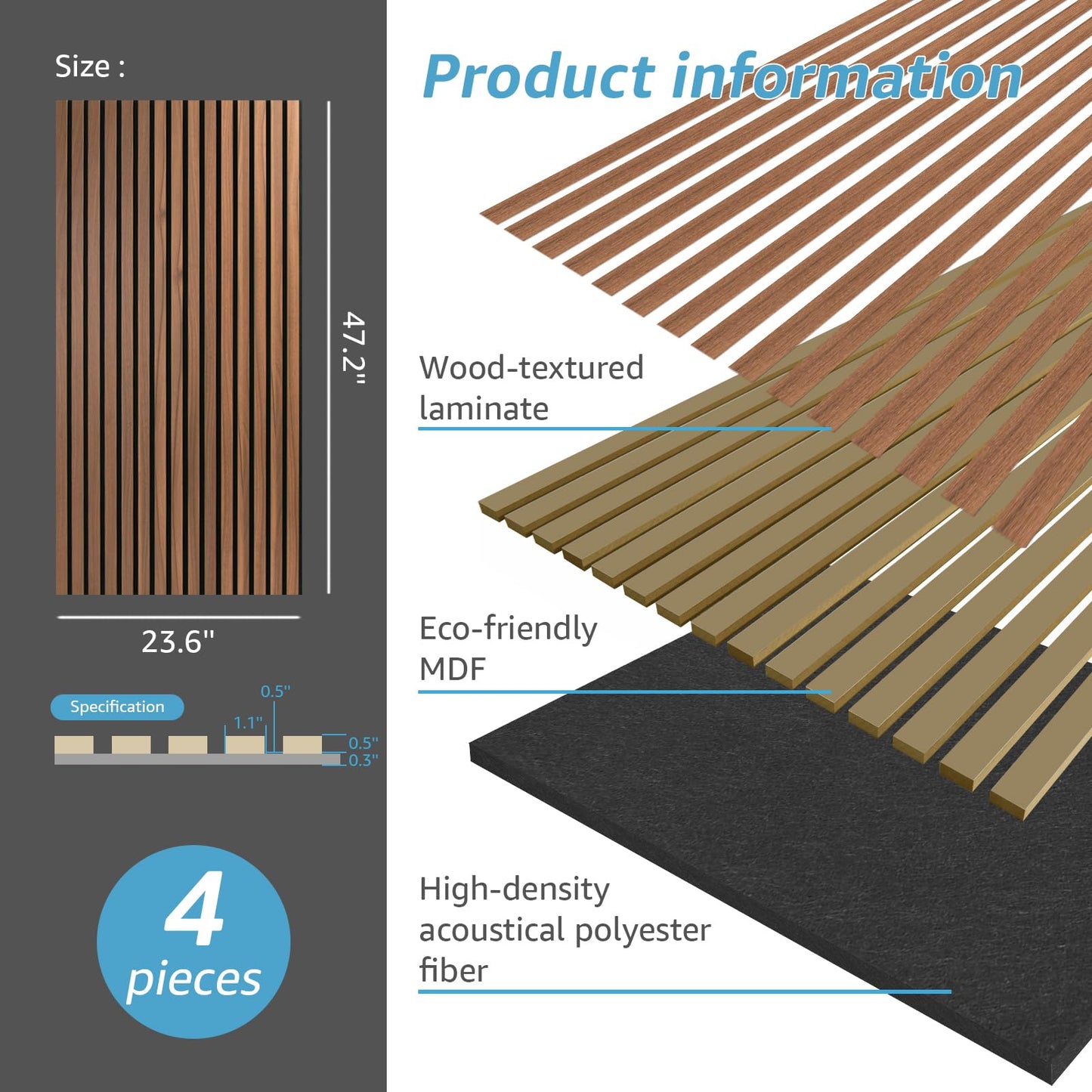 Art3d 4 Pack 47.2 x 23.6in. Wood Slat Acoustic Panels for Wall and Ceiling - 3D Fluted Sound Absorbing Panel with Wood Finish - Walnut