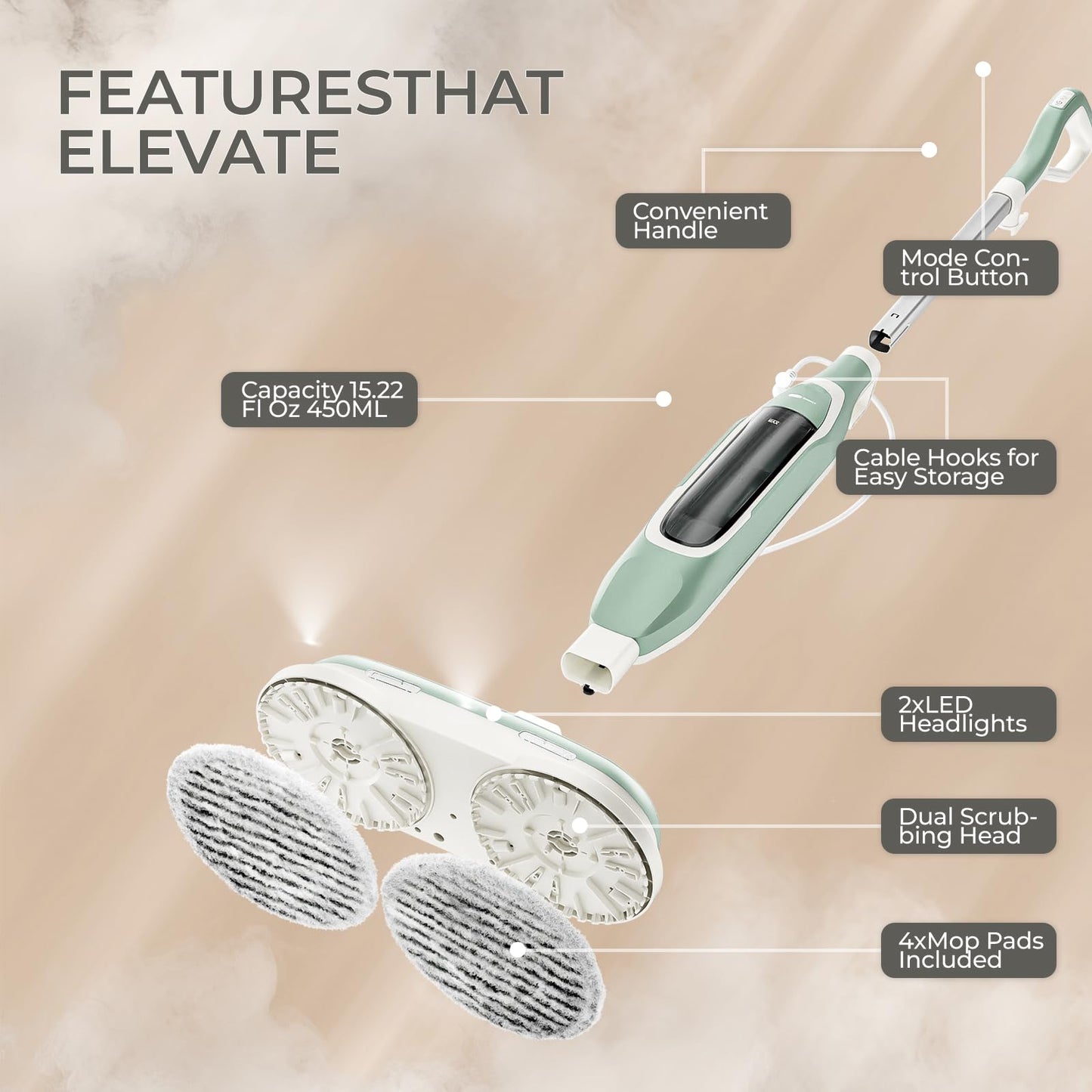 EPROEON Steam Mop, All-in-One Steam and Scrub Hard Floor Cleaner with LED Headlights, 450ml Tank, 4 Soft Pads, Dual Power, Swivel Steering for Hardwood, Tile and Laminate