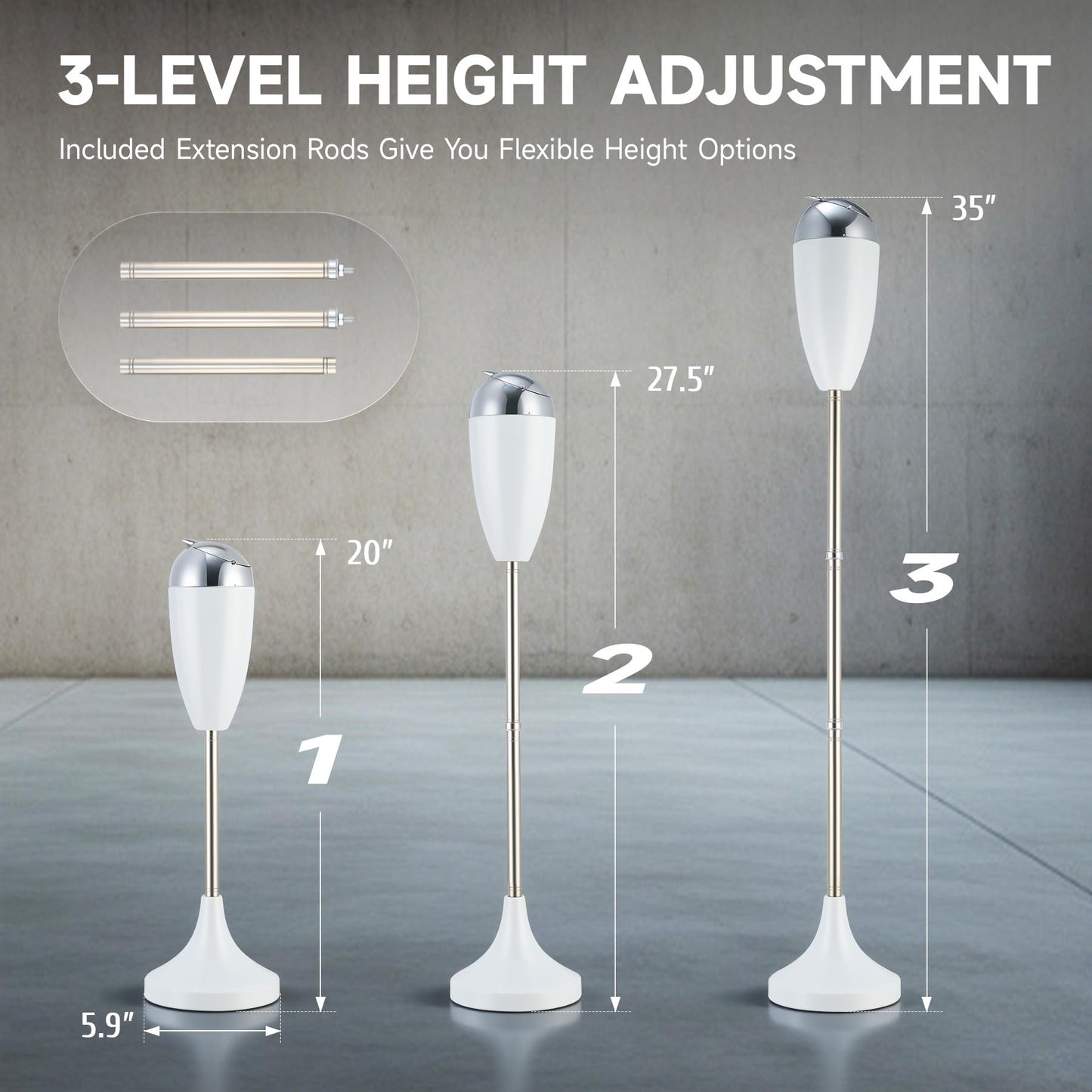 CO-Z Adjustable Floor Standing Ash Tray, Smokeless Outdoor Ashtray with Lid for Home Patio Cigarettes Ash Butt Disposal, Stainless Steel Windproof Stand Ashtray in 20", 27.5", 35" Heights, White