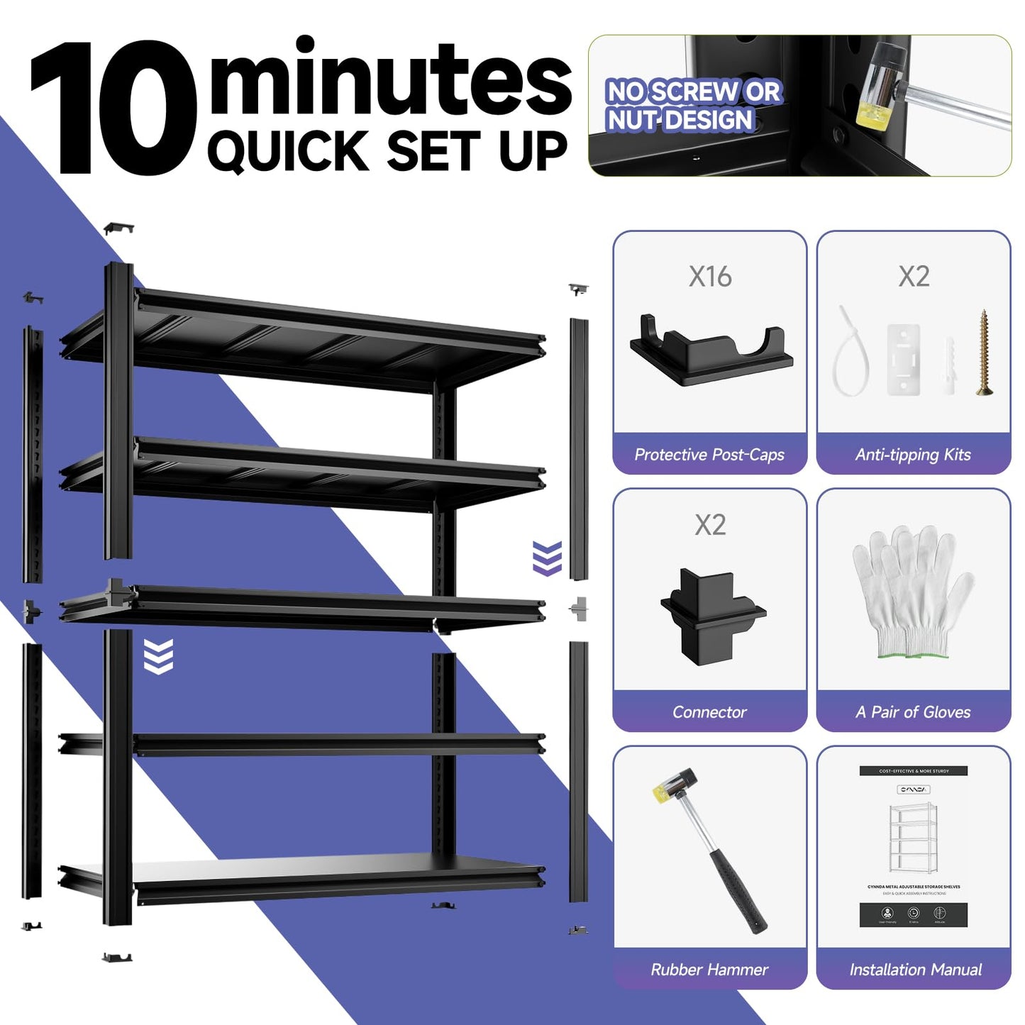 cynnda 5-Tier 40”W X 20”D X 72”H Heavy Duty Garage Storage Shelves 2500LBS Basement Shelving Heavy Duty Adjustable Unit Rack Metal Rack(Black)