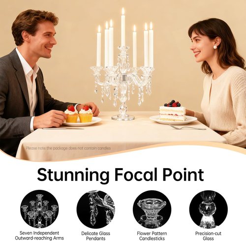 Clear Glass Candelabra by [Brand Name] - 7-Arm 14 Inch Candle Holder for Elegant Wedding & Home Decor