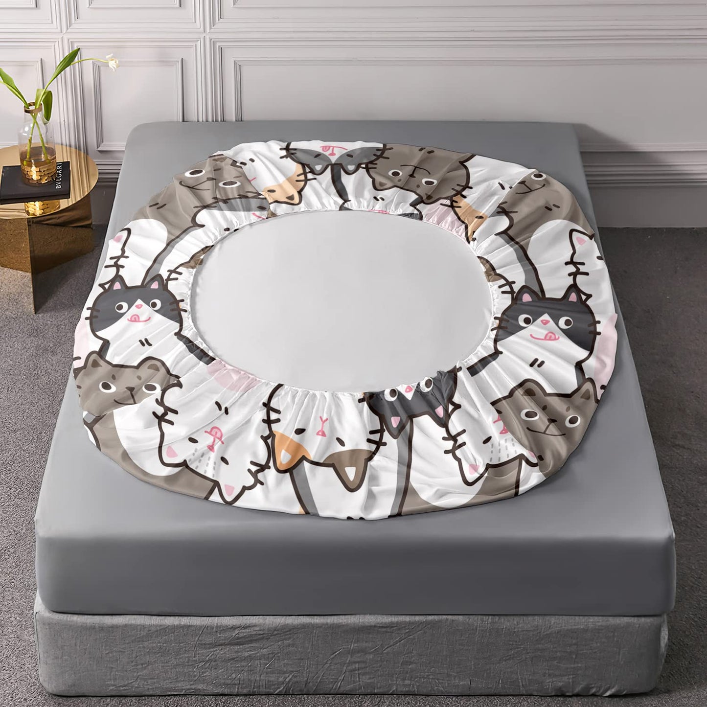 CVHOUSE Cat Fitted Sheet Queen Size,Cartoon Cat Bed Sheet Set for Kids Teens,Kawaii Bedding Set,1 Flat Sheet & 1 Fitted Sheet with 2 Pillow Cases - 4 Piece