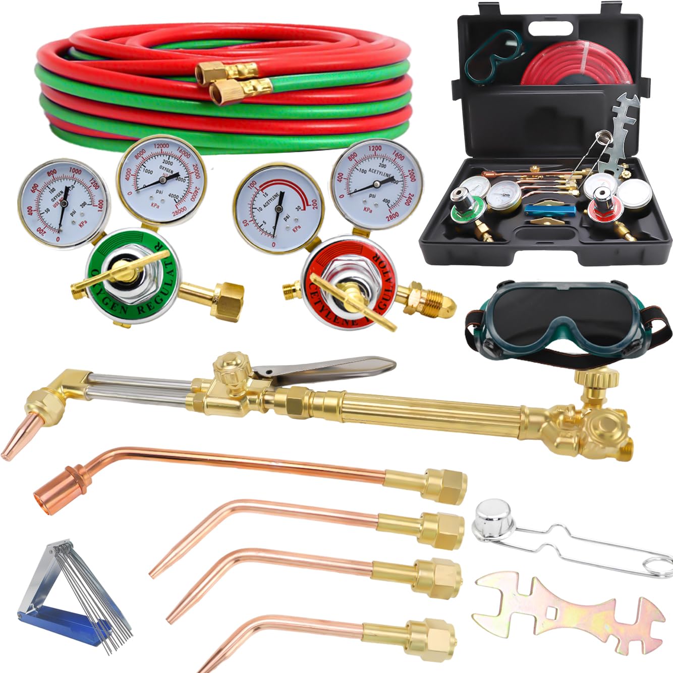 Cutting Torch Set Oxy Acetylene Torch Kit,Portable Gas Cutting Torch and Welding Kit with HeatingTip, Acetylene Oxygen Gas Regulator Twin Gas Hose Welding Glasses