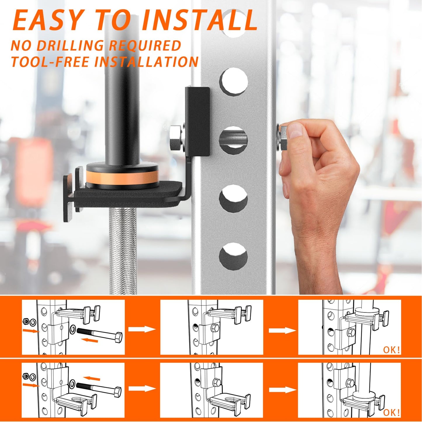 Barbell Holder for 2x2'' Power Racks, No Drilling Required – Heavy-Duty Steel Barbell Storage Rack with Protective Padding, Fits 5/8''-1'' Holes – Secure & Space-Saving Gym Equipment Organizer