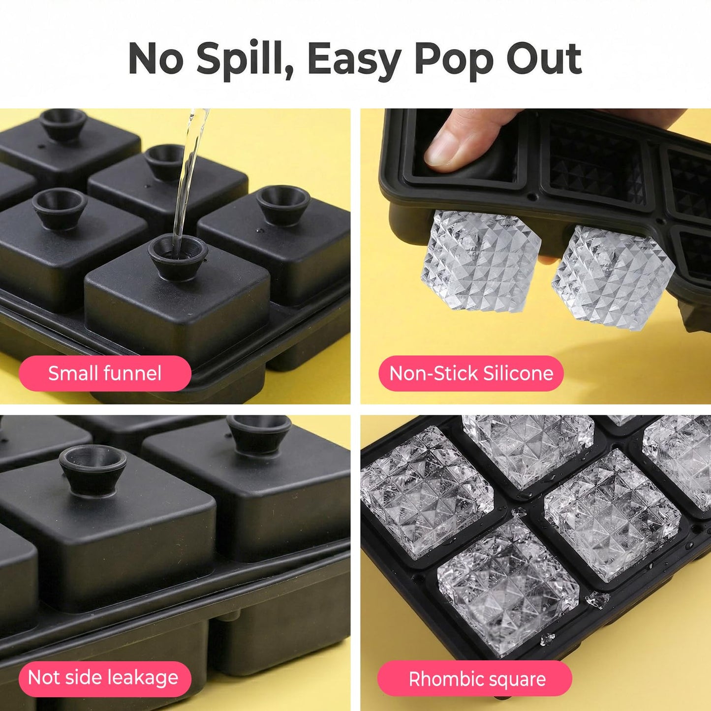 Large Ice Cube Tray with Lid 2inch,Reusable Ice Cube Trays for Freezer,Food-Grade Silicone Ice Trays for Freezer Cube Molds for Cocktail,Whiskey,Meal Prep,Stackable Flexible Icetray (Rhomboid Square)