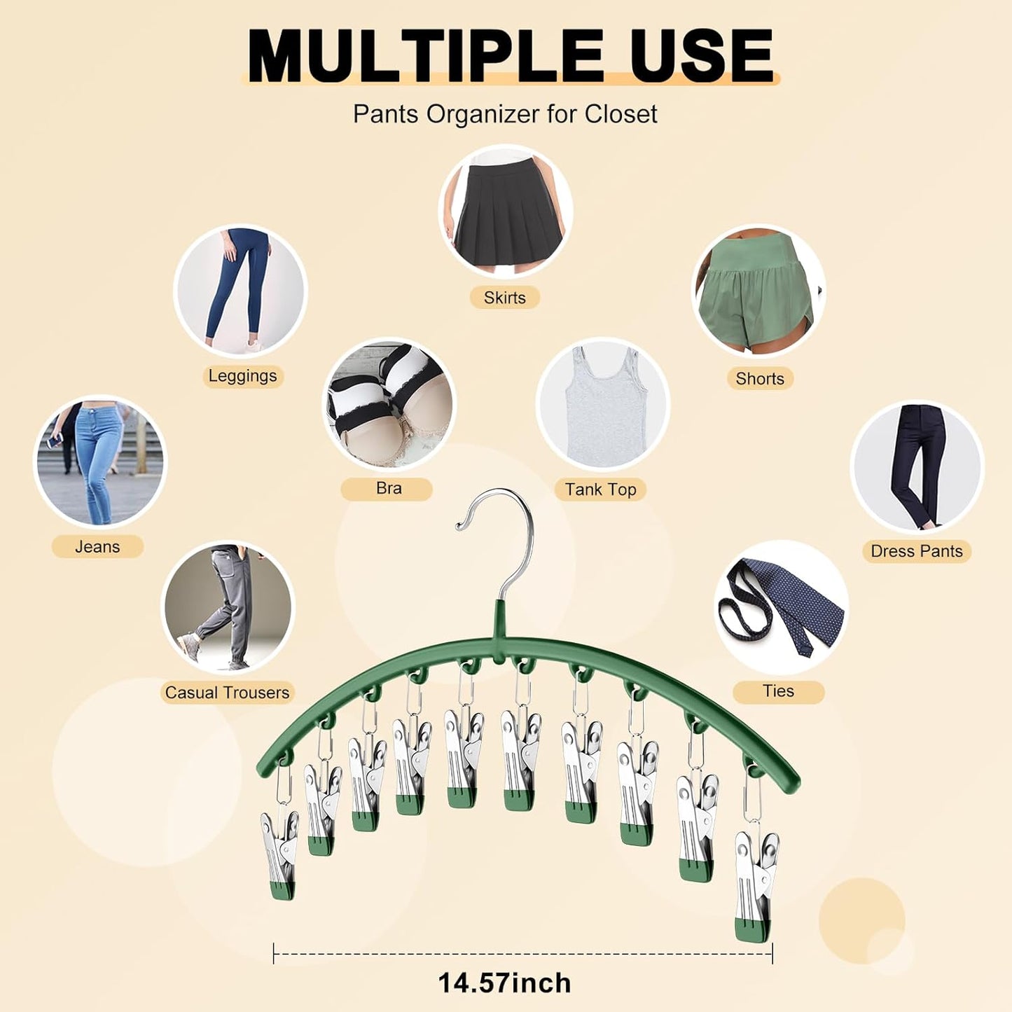 Skiennix Legging Organizer - Space-Saving Metal Yoga Pants Hangers | 4 Pack with 10 Clips, Green