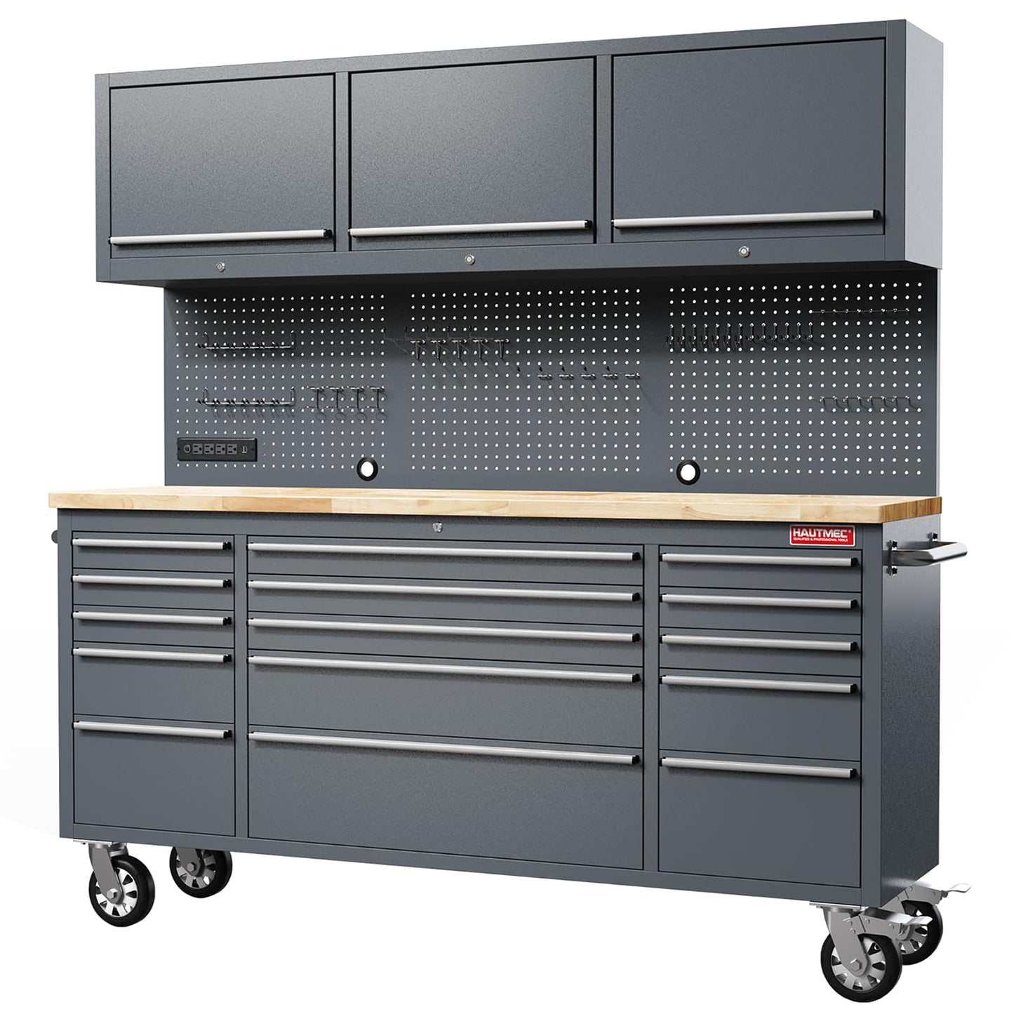 HAUTMEC 72" Rolling Tool Chest, Heavy-Duty Tool Cabinet with Wheels, Garage Workbench with 15 Drawers, 3 Upper Cabinets, Pegboard & 51 Hooks, Oak Worktop & Power Strip – HT0428