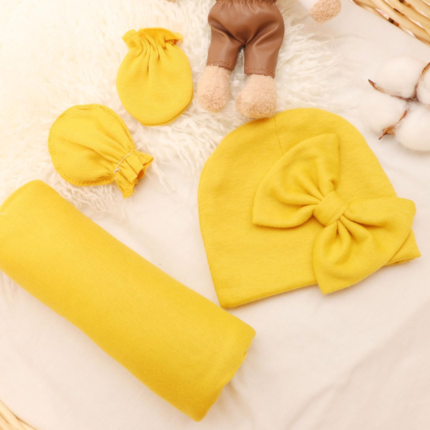AQOKKA Newborn Receiving Blanket with Bow Hat Mittens Set Nursery Swaddle Wrap Toddler Swaddles for Newborn Baby Boy Girl