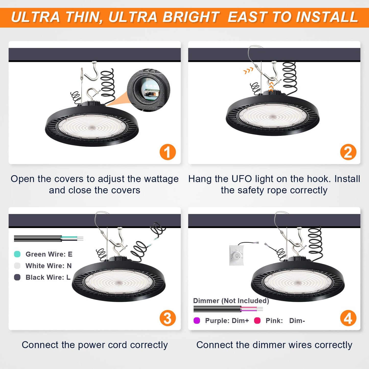 480V UFO LED High Bay Light 240W 200W 180W Adjustable, 0-10V Dimmable 5000K High Bay LED Shop Lights (1000W MH/HPS Equivalent), IP65 Commercial Bay Lighting for Warehouse Factory, AC 277-480V