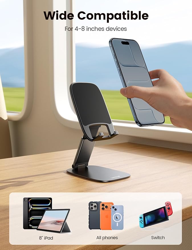 Lamicall Ultra-Thin Phone Stand for Desk, Foldable Cell Phone Holder Height Adjustable, Sturdy Weighted Base, Thick Case Friendly for Gaming Office, Fit iPhone 17 16 15 Pro Max, Galaxy S26, Switch