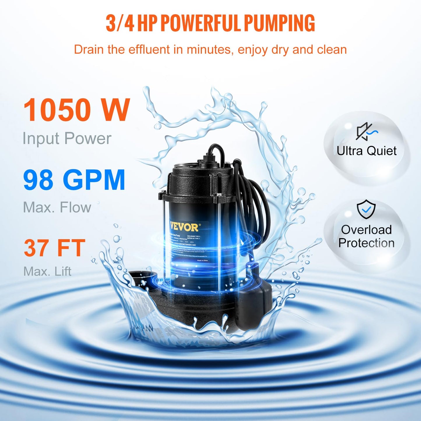 VEVOR 3/4 HP Submersible Sewage Pump, Cast Iron Submersible Sump Pump, Wear-proof Cast Iron Construction, with Tethered Float Switch, 10 FT Power Cord