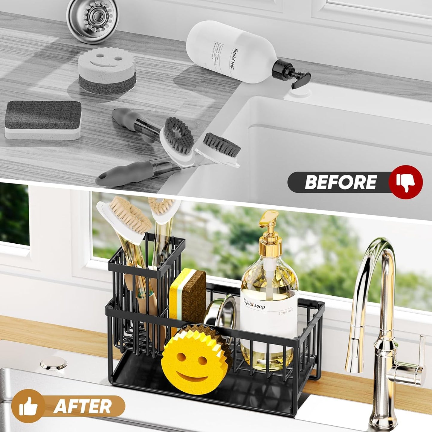 Skiennix Sponge Holder - Smiley Face Sink Caddy with Removable Brush Holder | Self-Draining Kitchen Essential