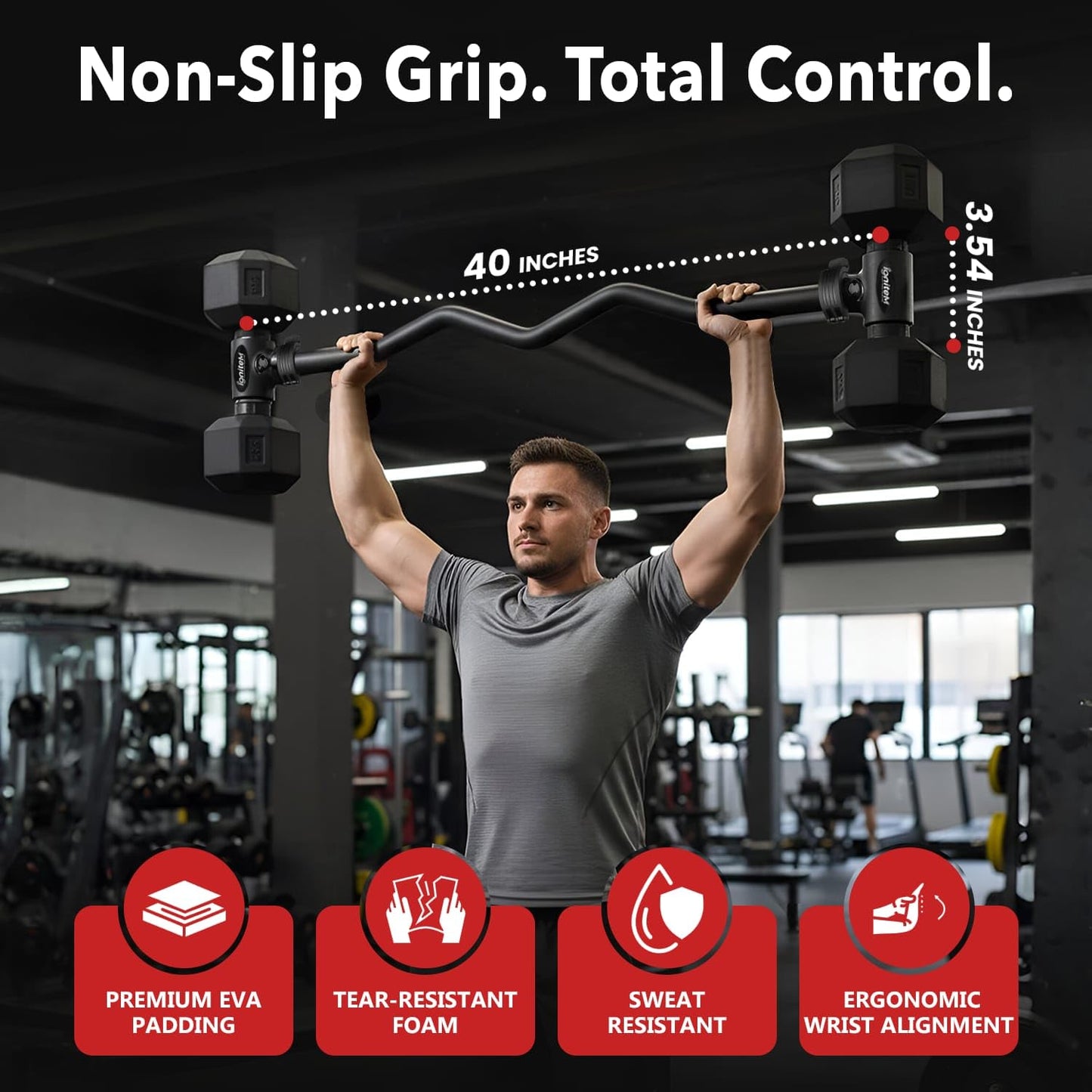 Dumbbell Barbell Converter Bar - Adjustable Dumbbell to Barbell Connector - Heavy Duty Steel Dumbbell Extension Bar with Secure Locking System - Non Slip Grip Handles - Home Gym Strength Training, 200 lb Capacity
