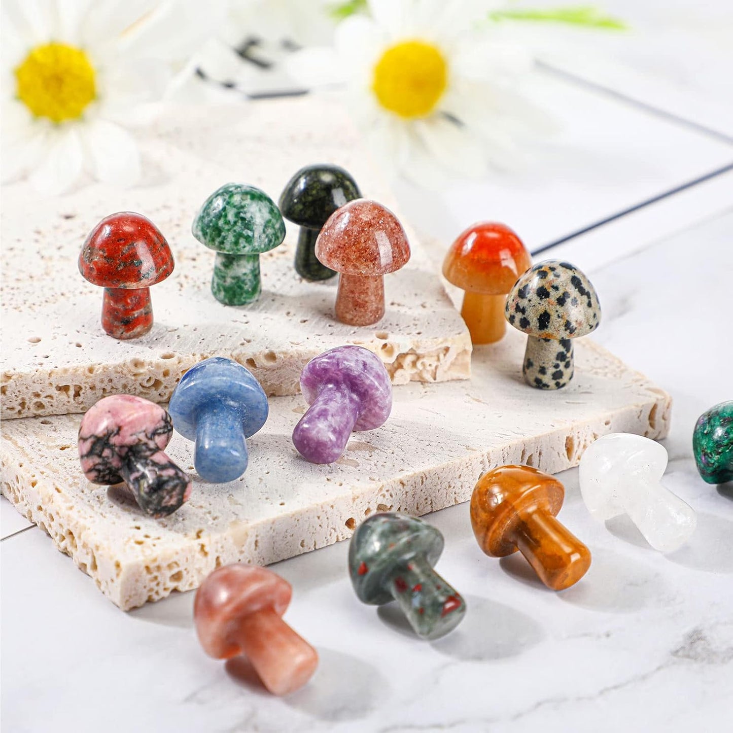 Skiennix Mini Crystal Mushroom Gemstone Sculptures - Polished Decor for Home & Garden | 48 Pcs Retro Style