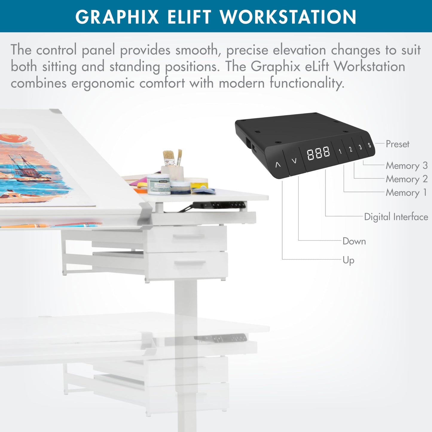 Studio Designs Graphix II, Split Top Height Adjustable Drafting, Drawing Table, eLift