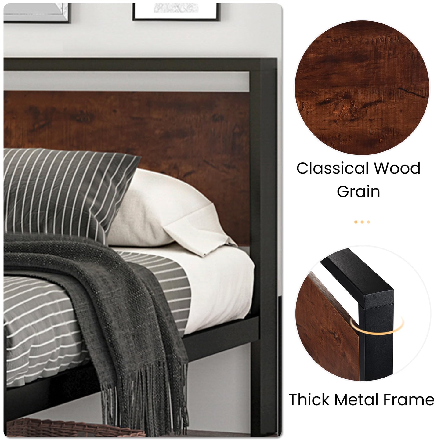 SHA CERLIN 14 Inch Queen Size Metal Platform Bed Frame with Wooden Headboard and Footboard, Mattress Foundation, No Box Spring Needed, Large Under Bed Storage, Non-Slip Without Noise, Mahogany