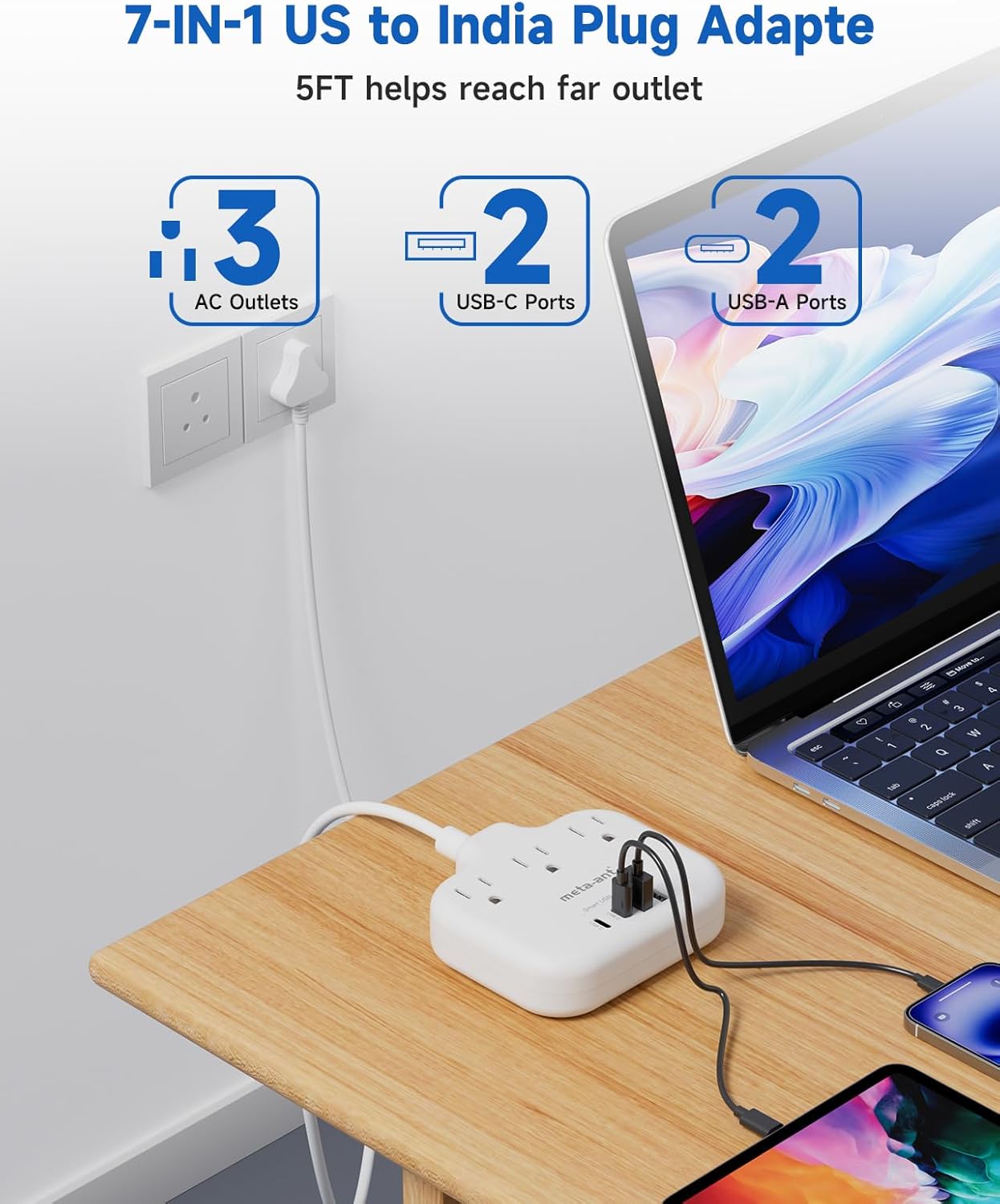 meta-ant 3 4 Ports(2 5FT US to India Plug Adapter, India Power Adapter with American Outlets USB Charger USB C), India