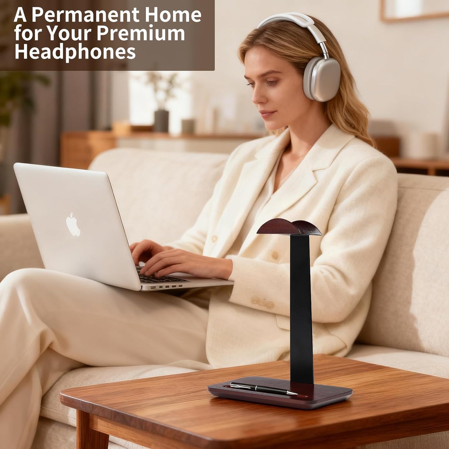 Vruelia Headset Walnut Wood Headphone Stand with Pen Holder - Desktop Wooden Headphone Stand, Solid Wood Holder