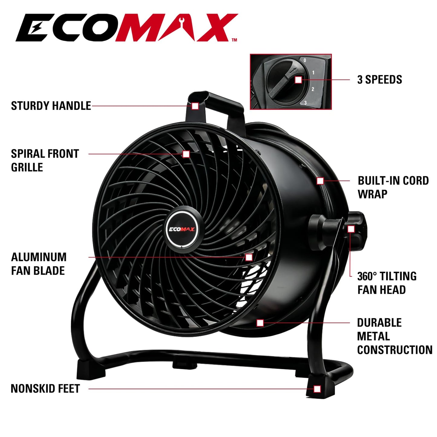 ECOMAX 10-Inch Drum Fan, 900CFM 3-Speed Industrial Floor Fan with 360° Tilt Head, 85W 120V Aluminum Blade Shop Fan for Garage Workshop Basement Patio, UL Certified, 8.6 LBS