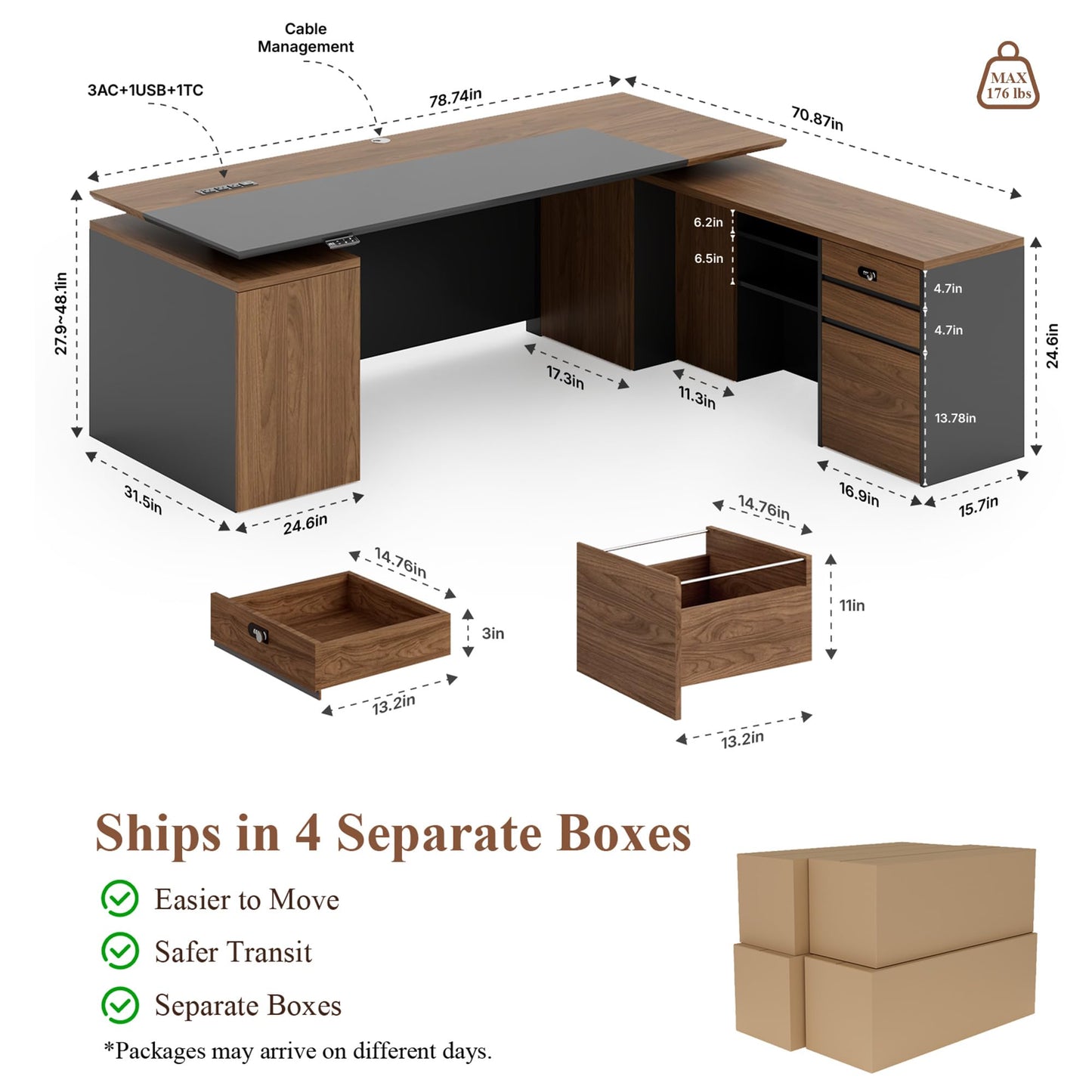 ZIMASYA 79" L Shaped Executive Desk with File Cabinet Drawers Outlet USB, Dual-Motor Adjustable-Height Modern Executive Desk with Privacy Panel for Boss Managers Office Home Natural Wood & Grey