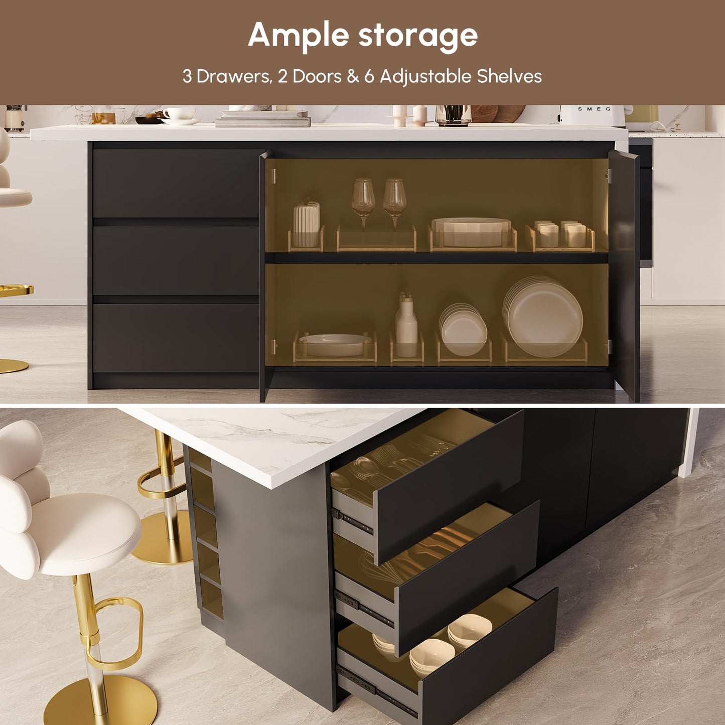 homary Kitchen Island with Storage & Wine Rack, 72" Modern Black Kitchen Cabinet with Wood Top, Large Fixed Island with 3 Drawers & 6 Adjustable Shelves, Without Bar Stools