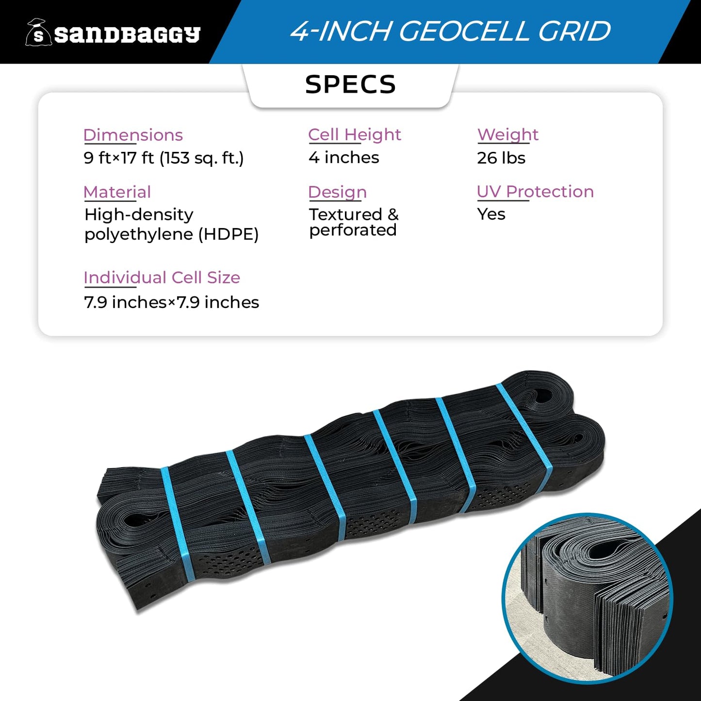 Sandbaggy 4-Inch Geocell Gravel Grid (9 ft x 17 ft) | Heavy-Duty Ground Grid Paver System | Erosion Control, Driveways, Gravel Stabilization (4-inch x 9 ft x 17 ft, 4, Count)