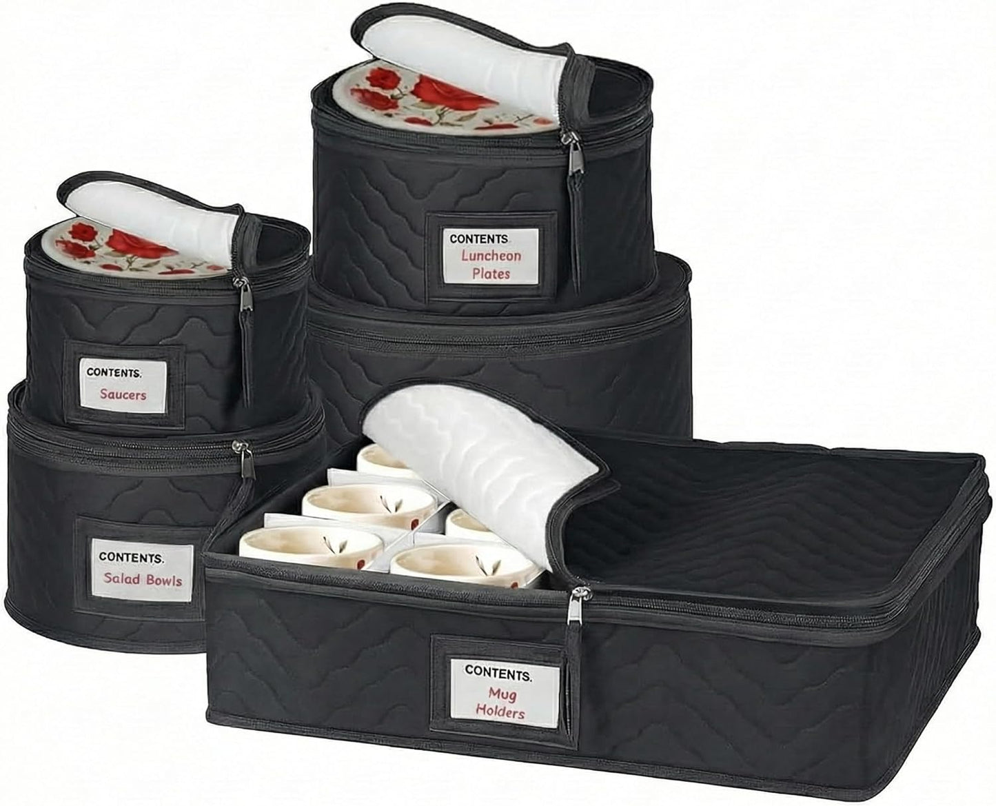 China Storage Containers 5-Piece Set - Sturdy Quilted Microfiber Dish Organizer for Dinnerware, Black