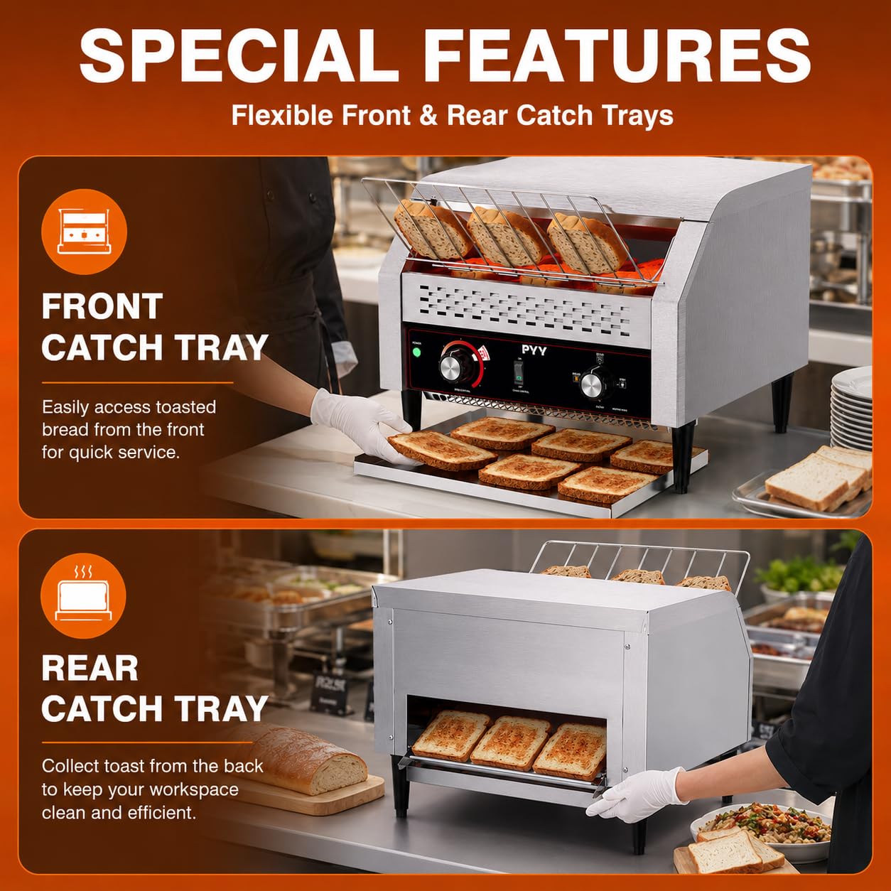 PYY Commercial Conveyor Toaster 450pcs/h - Commercial Toaster for Toast, Bun, Bagel, Bread, Heavy Duty Stainless Steel Toaster Oven for Restaurant, Bakery, Buffet Use