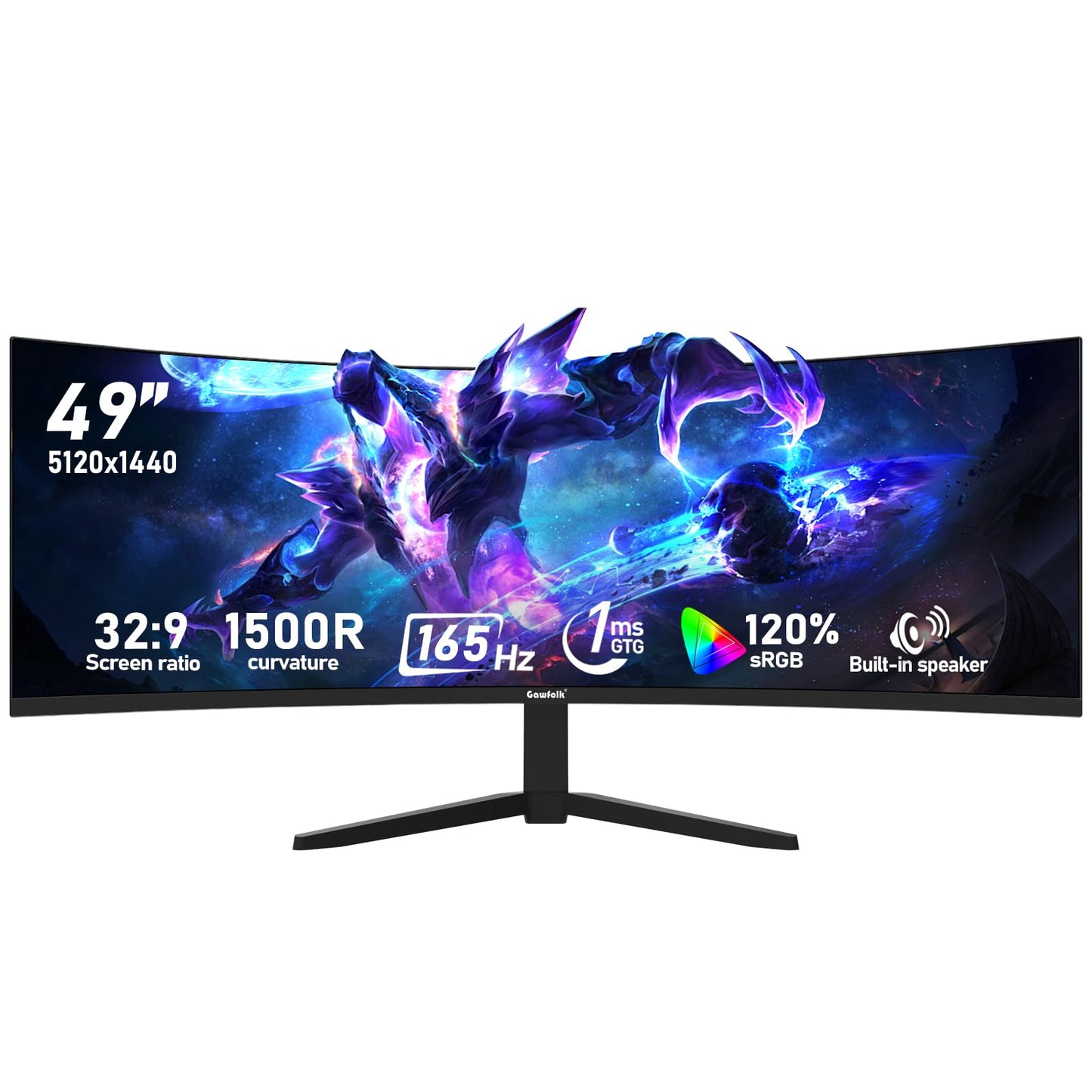 Gawfolk 49 inch Ultra-Wide Curved 1500R Gaming Computer Monitor, DQHD(5120×1440), 165Hz, 1MS, FreeSync, 120% sRGB, Built-in speaker PC Screen, HDMI2.1 & DP1.4, Compatible Wall Mount 100*100mm- Black