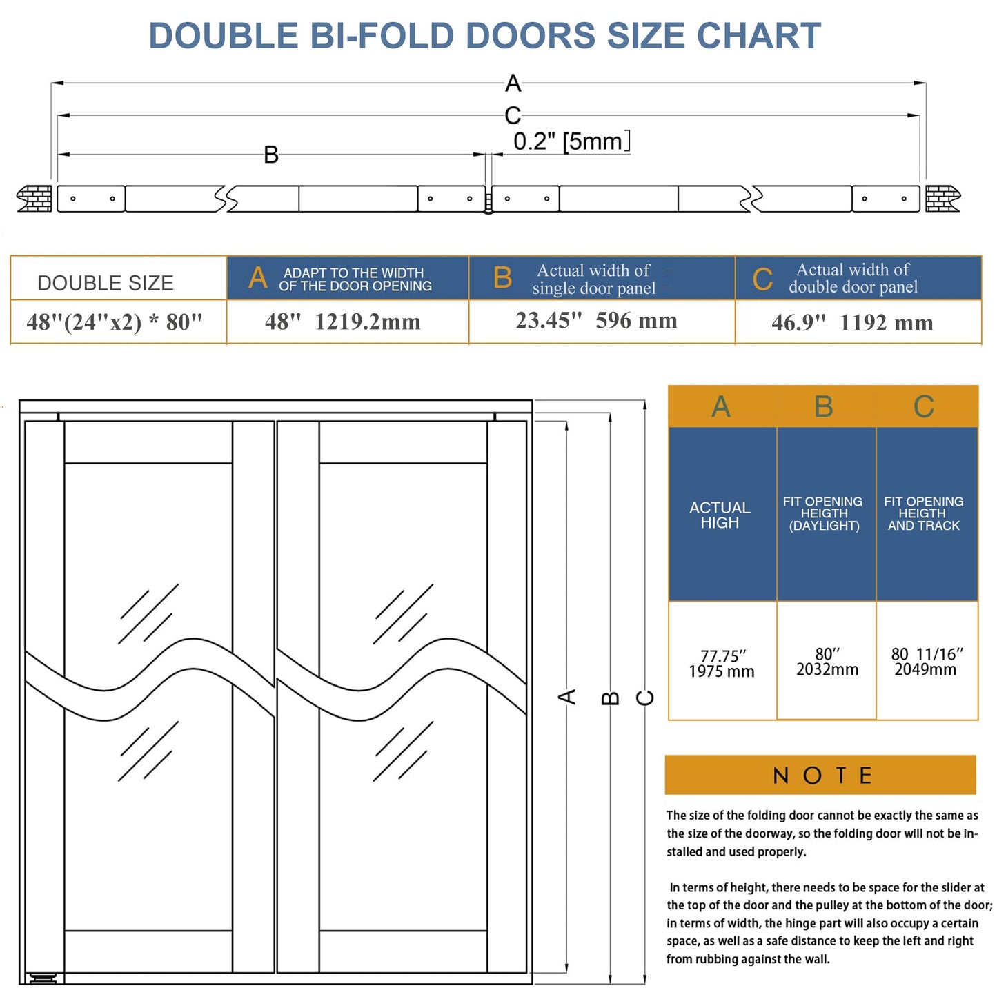 BARNER HOME Closet Door, Full Lite Reeded Glass Panel Bifold Doors, Easy Assembly, Folding Doors with Hardware Kits for 48"x 80" Opening