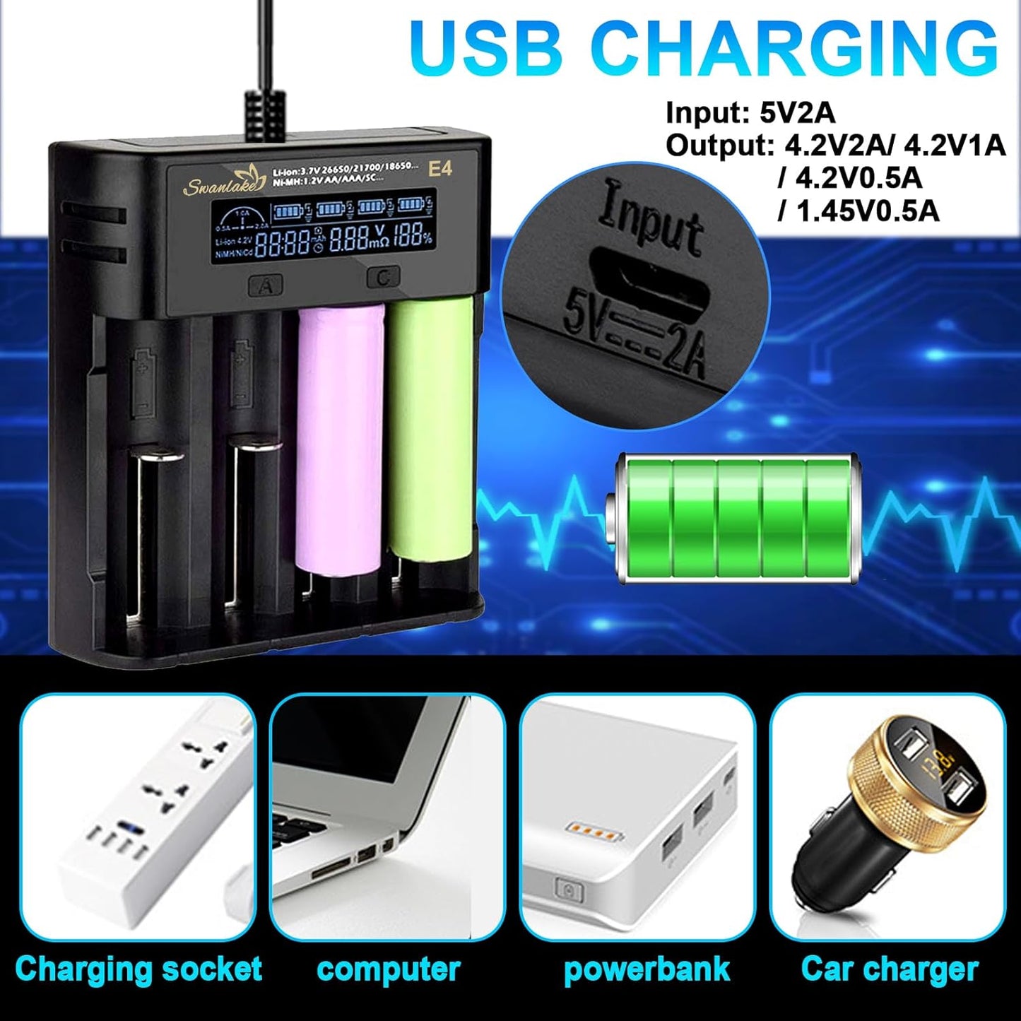 Swanlake 18650 4 3.7v 18650 26650 21700 18500 10400 Battery Charger, Bay Rechargeable Battery Charger with LCD Display
