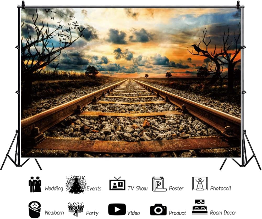 Eainb 10x8FT Sunset Old Train Track Backdrop Vintage Railway Station Photography Background for Photoshoot Nature