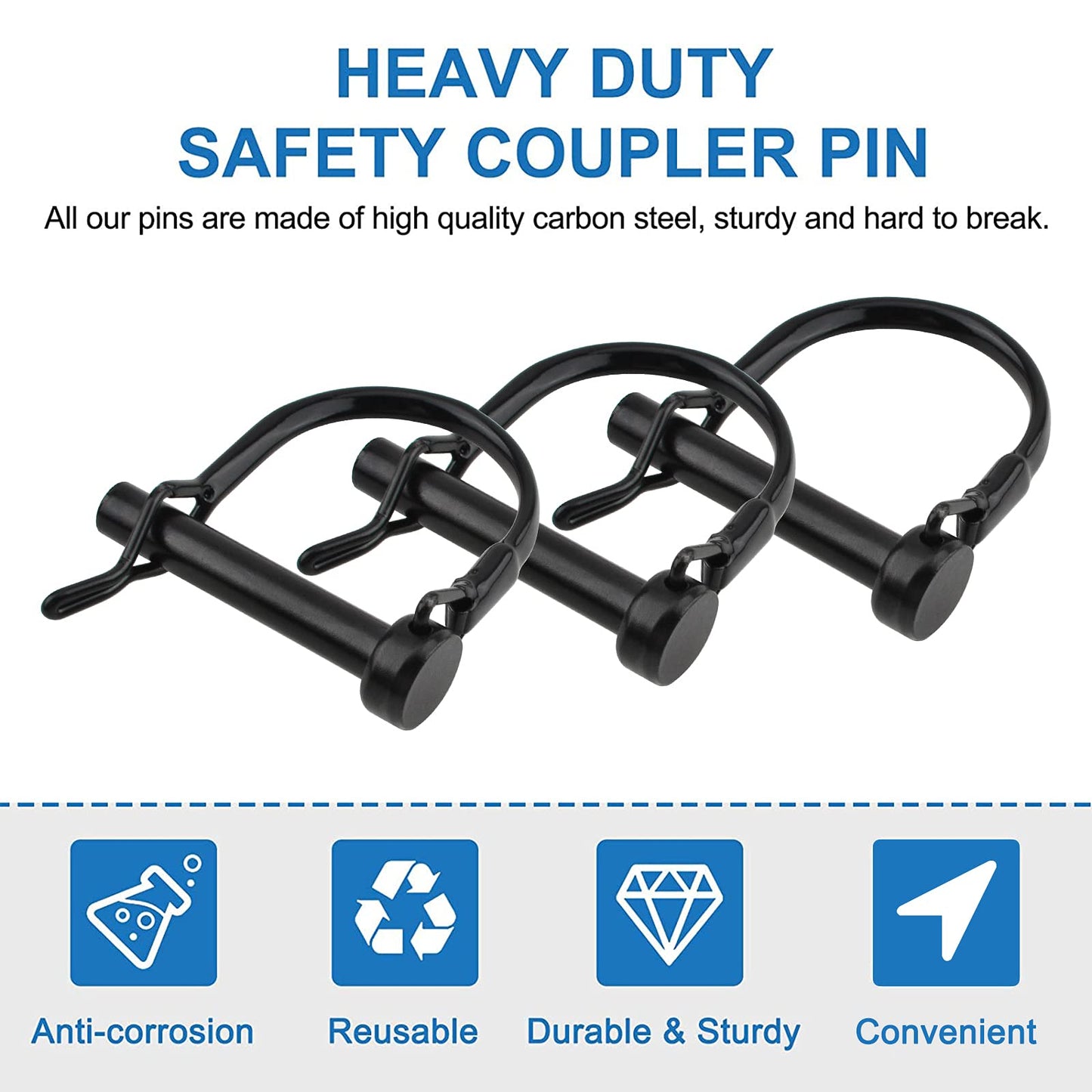 INCREWAY Wire Lock Pin, 4PCS 8mm Carbon Steel Shaft Locking Pin Safety Coupler Pin Round Loop Wire Lock Trailers Pin for Farm Lawn Garden