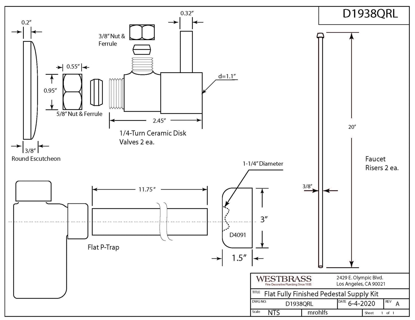 Westbrass D1938QRL-07 Freestanding Pedestal Lavatory Sink Installation Kit with Flat Trap and 1/4-Turn Lever Handles, Satin Nickel