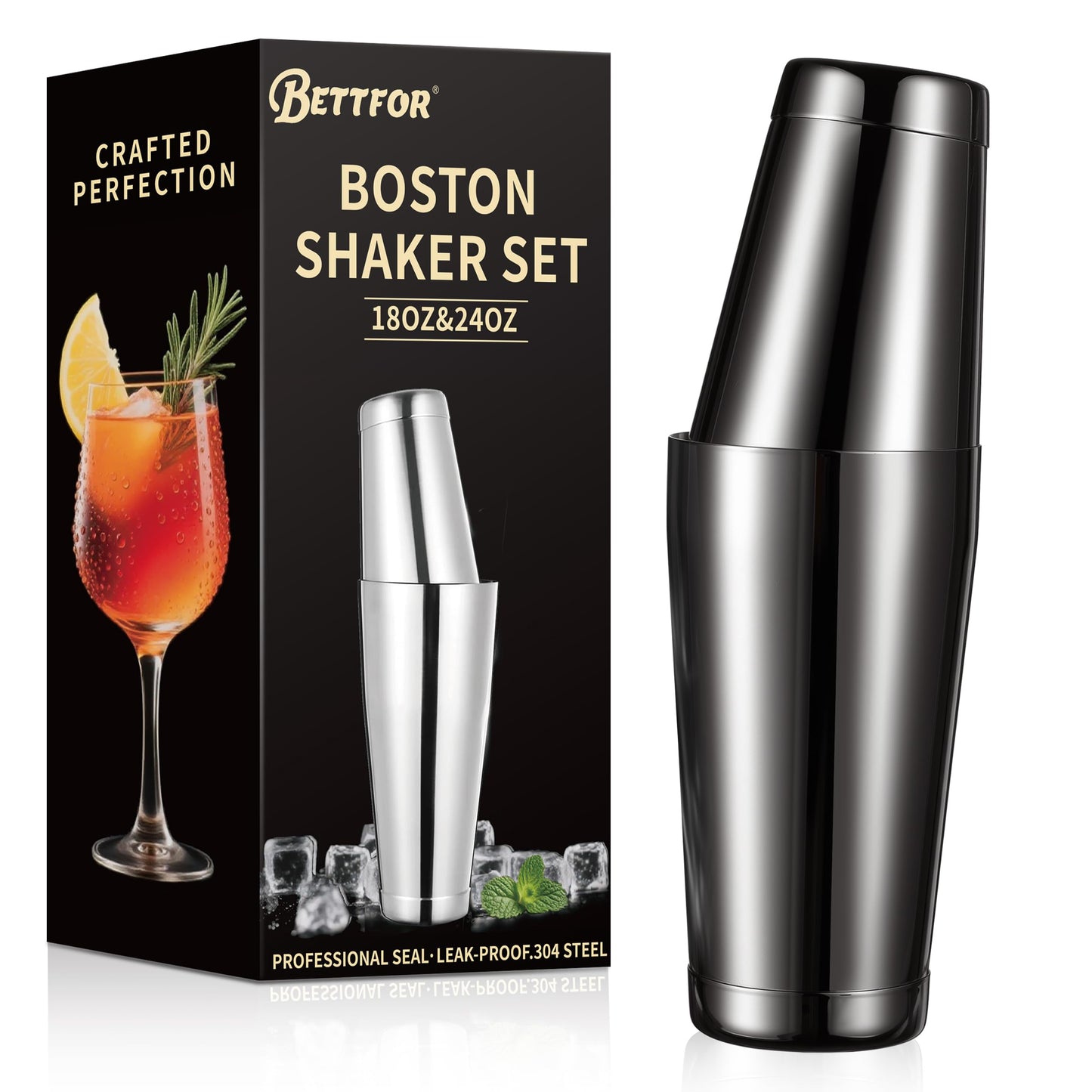 BETTFOR Boston Shaker Set, 18oz & 28oz 2-Piece Tins, Professional 304 Stainless Steel Cocktail Shaker with Leak-Proof Weighted Base for Bartending, Home & Bar Use (Black)