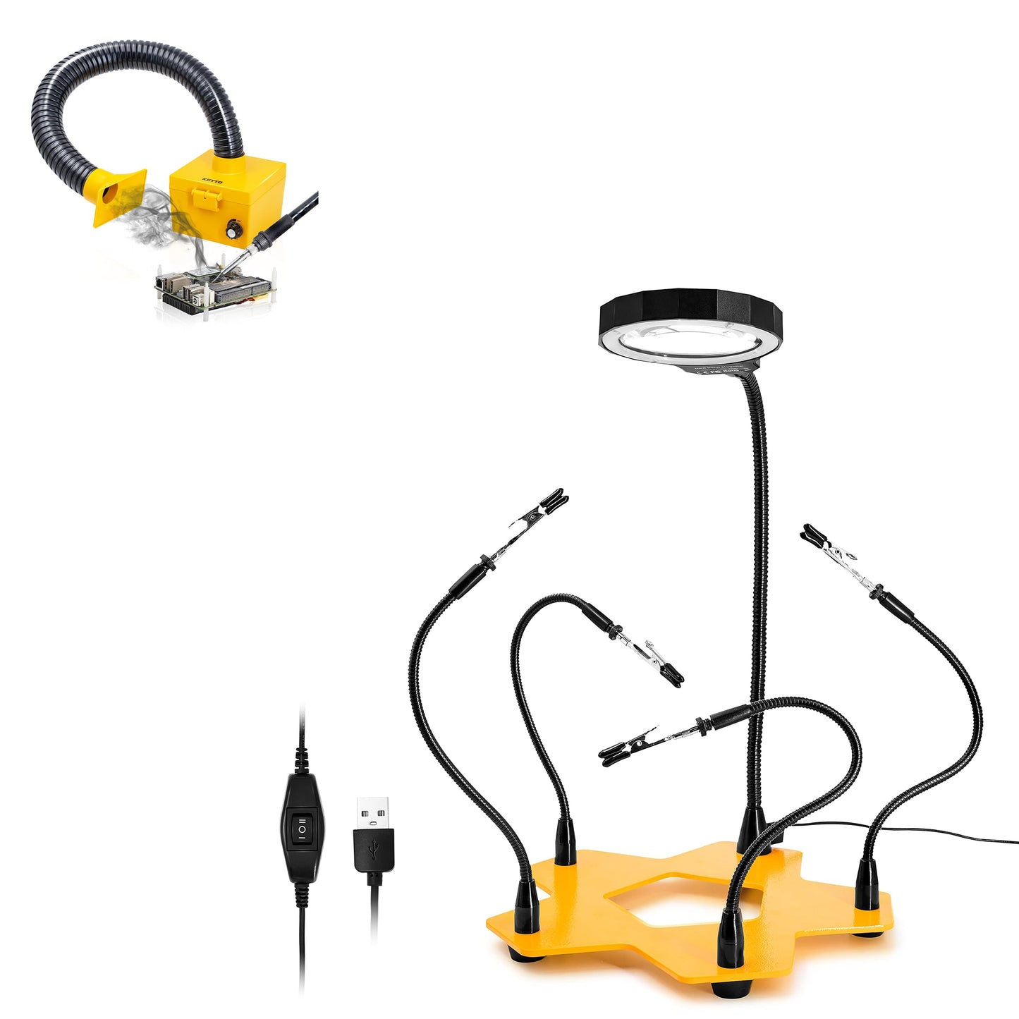 KOTTO LED Lighted Magnifying Five Arms Helping Hands Soldering Station,Strong Suction Smoke Absorber for Soldering