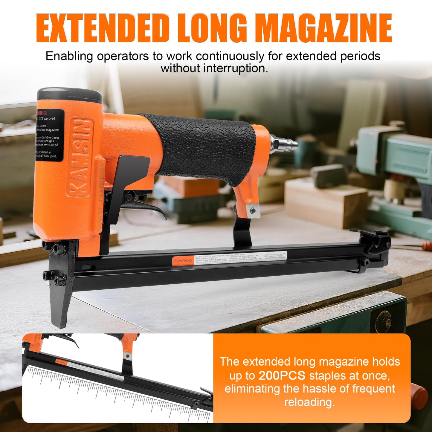 KAMSIN KNL8016S 21 Gauge Pneumatic Serial Upholstery Stapler with Extended Long Magazine, 1/2" Crown Staples, 1/4" to 5/8" Leg Length, Air Power Upholstery Staple Gun for Furniture and Woodworking
