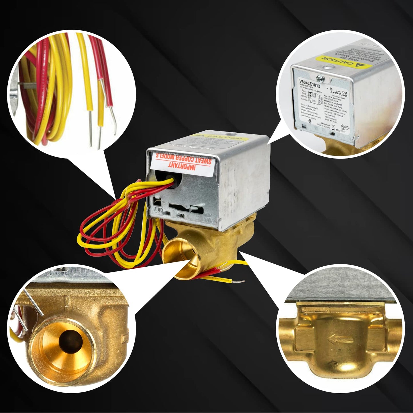 V8043E1012 Motorized Zone Valve for Honeywell, 3/4 Sweat Connection, Replaces V8043F1093 40003916-048/U Replaces Head Actuator, for Failed Honeywell Zone Valve for Heating Loop System,2-way4-Wire 24V