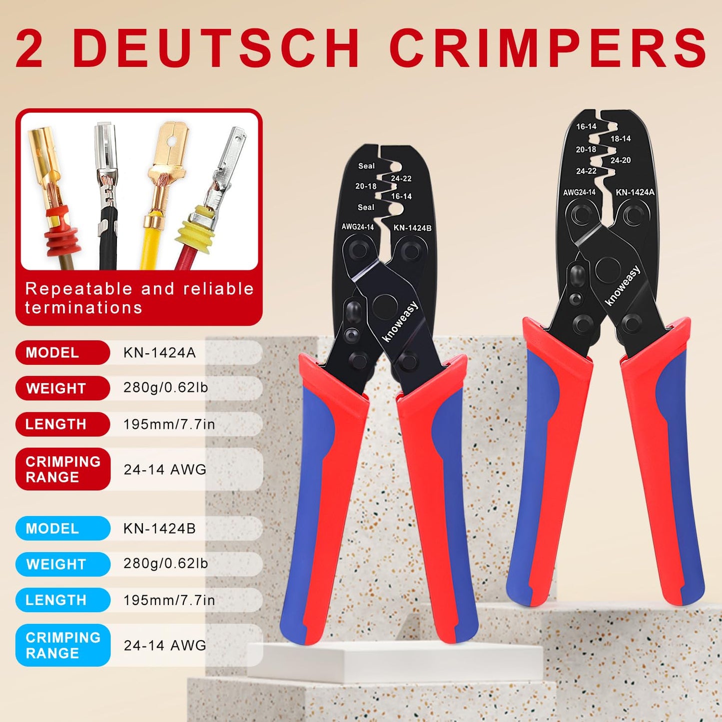 Knoweasy Deutsch Crimper Kits for Deutsch DT Connectors: Close Barrel and Open Barrel Crimper, Deutsch Removal Extraction Tool, Weather Pack Terminals - Includes 12PCS
