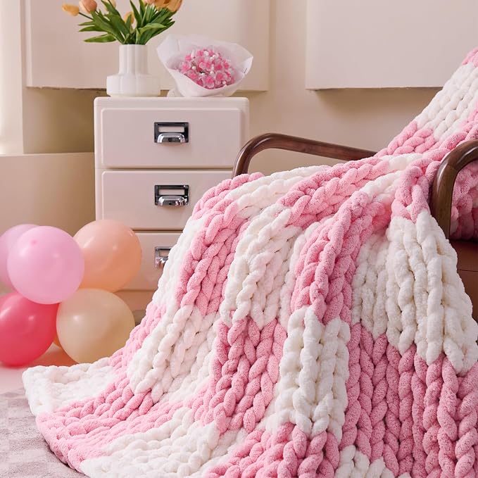 Admitrack Chunky Knit Blanket Throw 51"x63", 100% Hand Knit Chenille Throw Blanket for Sofa & Home Decor, Soft and Cozy Knitted Throw Blankets (Pink Checkered，51"x63")