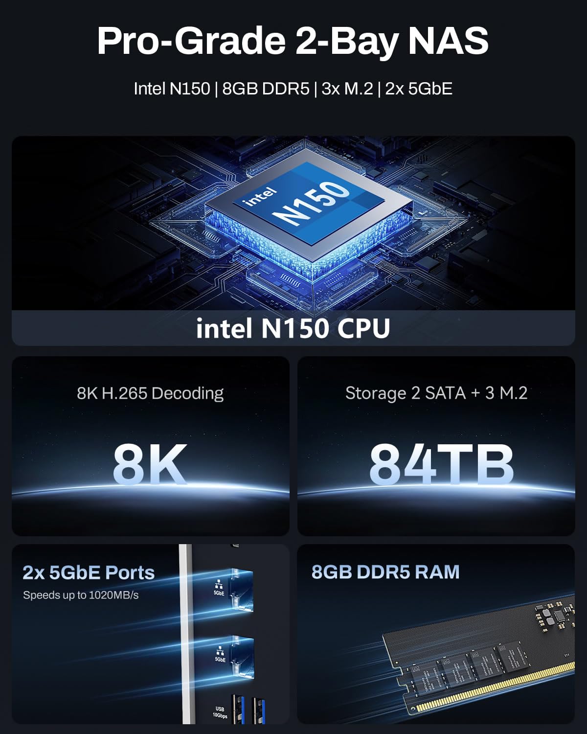 TERRAMASTER F2-425 Plus NAS Storage - 2Bay Intel N150 Quad-Core CPU, 8GB RAM DDR5, 5GbE LAN x 2, M.2 Slot x 3, Network Attached Storage for Teamwork, Multimedia Server (Diskless)