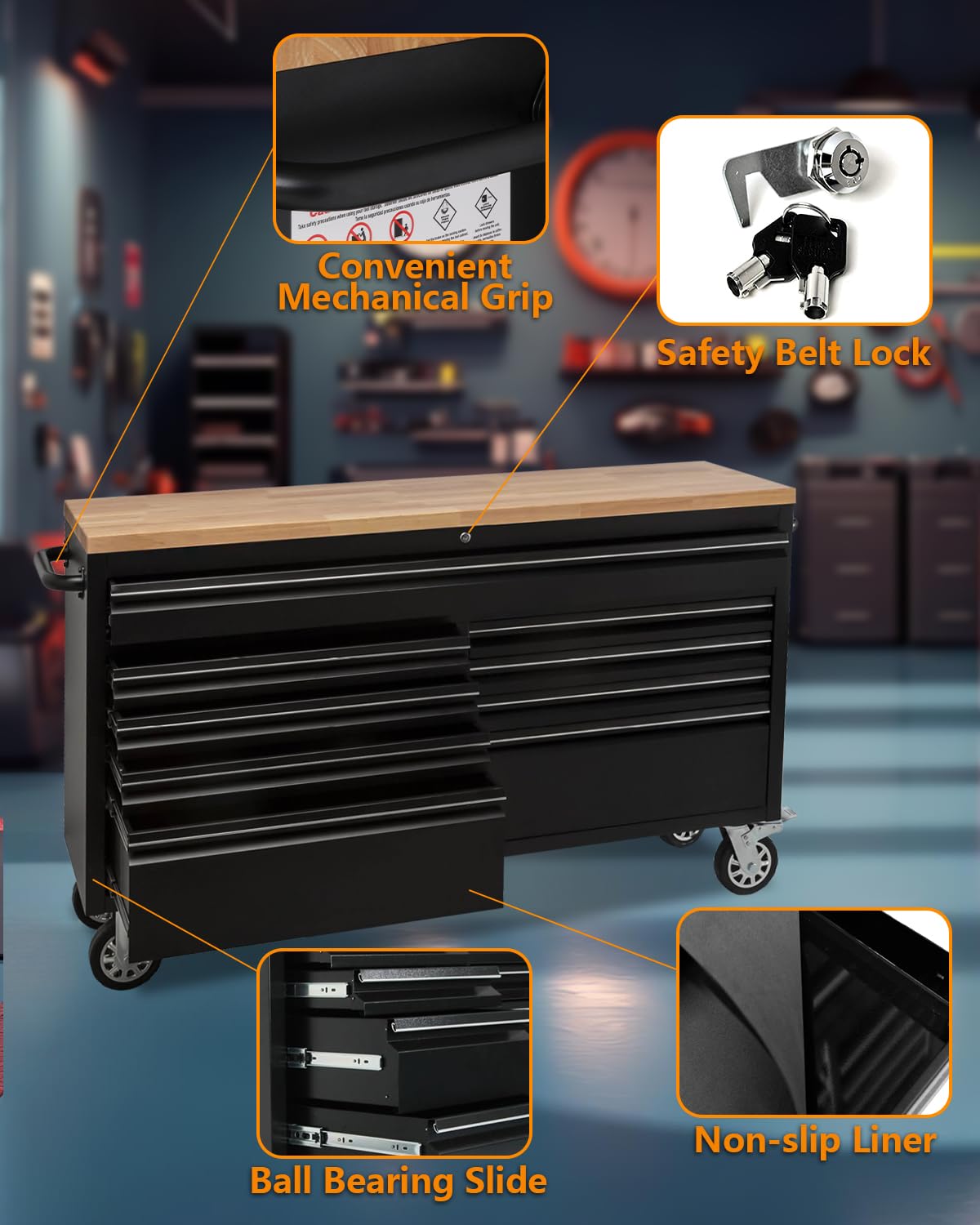 61-Inch Heavy-Duty Rolling Tool Chest & Mobile Workbench with 9 Drawers, Rubber Wood Top, Locking System, Wheels for Garage, Workshop, Warehouse Storage, Tool Cabinet