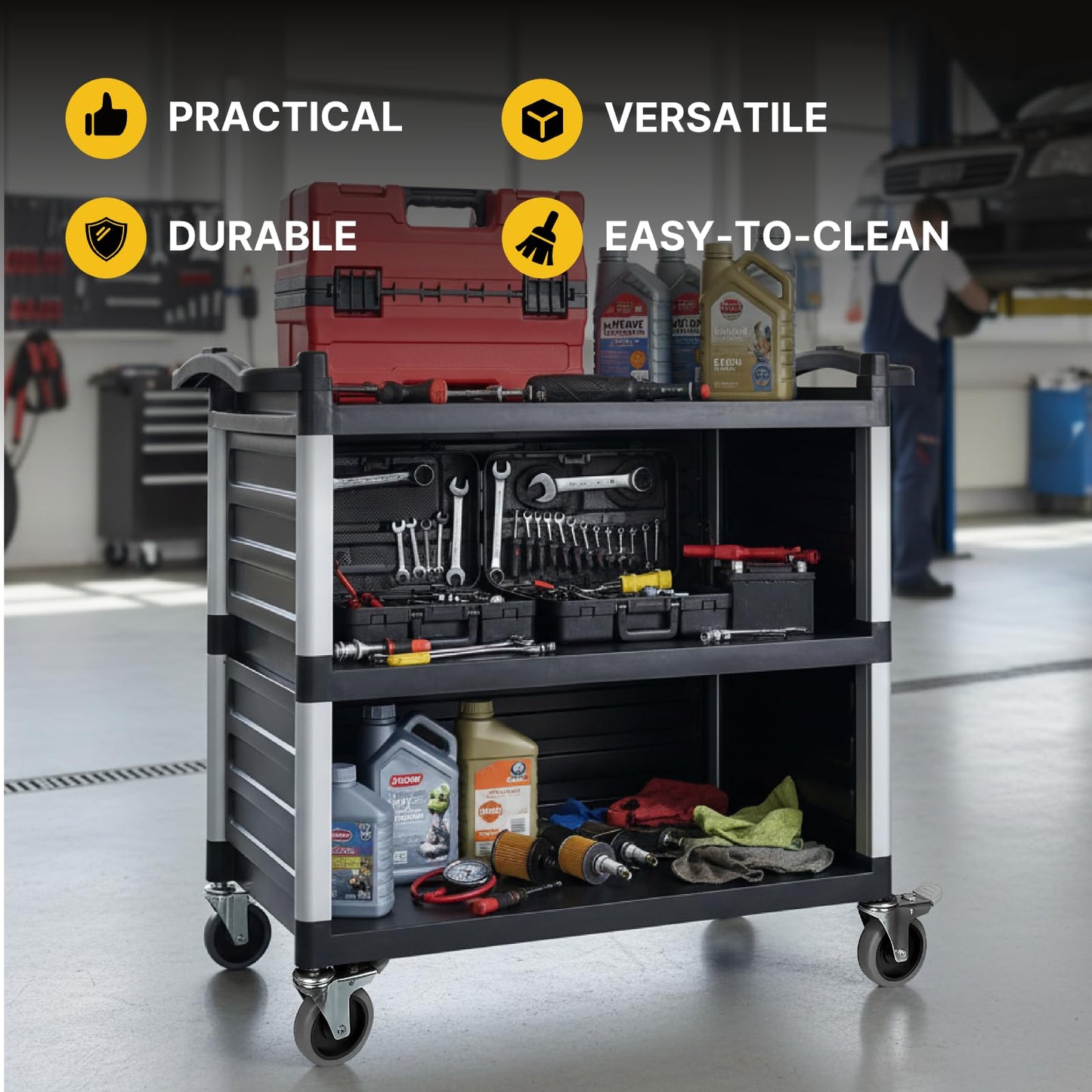 NorthSky Select Dual-Handle Utility Service Cart, 3 Shelves, 440 lb. Capacity -Black Plastic Shelves, Lockable Swivel Casters - Suitable for Hospital, Lab, Hotel, Office Transport & Organizing