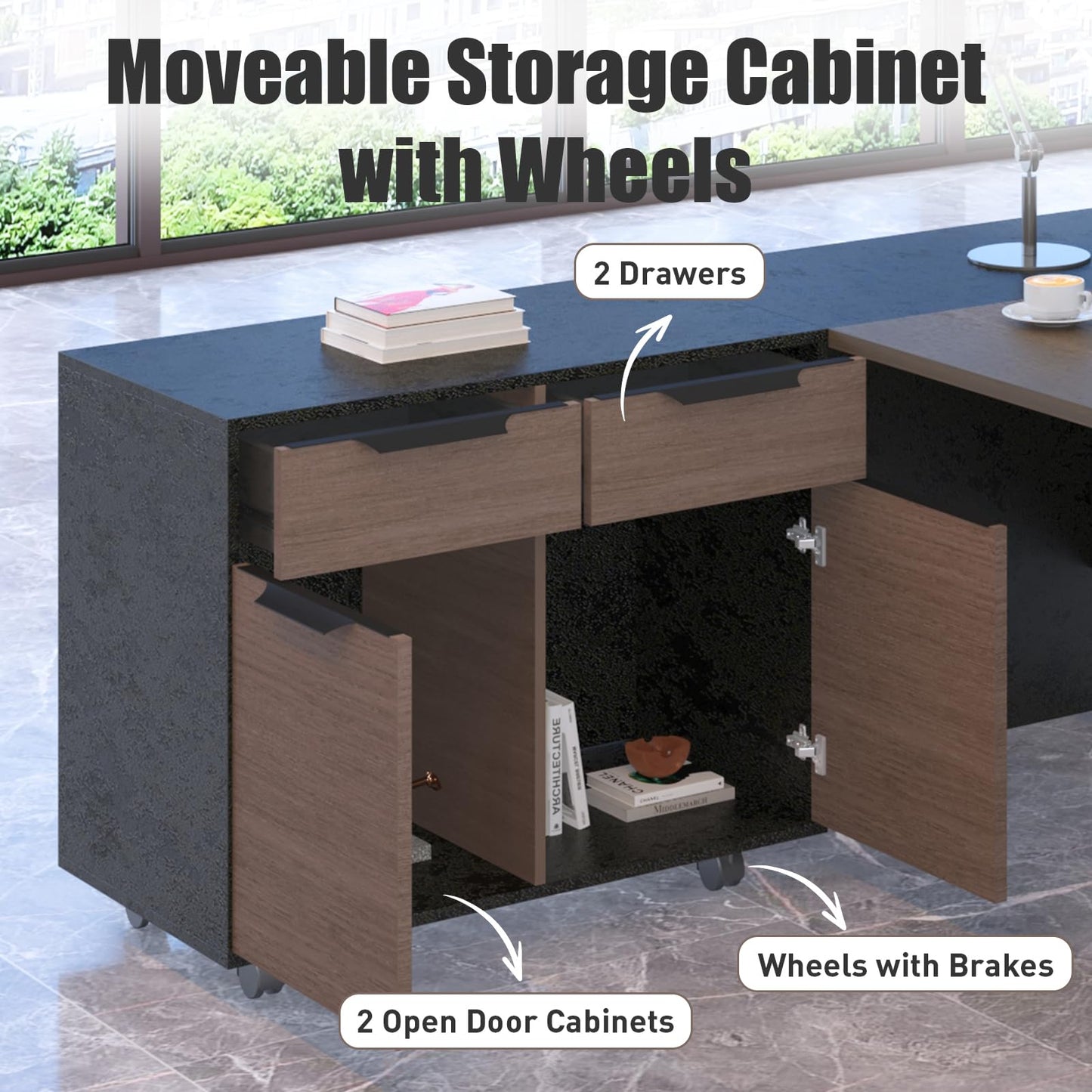 GT BLACK TURNSTONE 70.8” L Shaped Executive Desk with Reversible Mobile Storage Cabinet, Office Desk with Drawers & File Storage, Modern Home Office Desk for Professionals & Business Owners